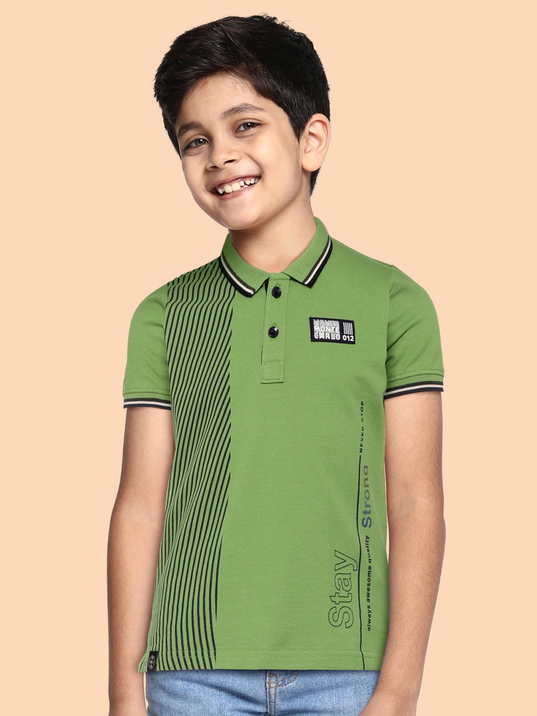 

Monte Carlo Boys Green & Navy Blue Striped Polo Collar Cotton T-shirt