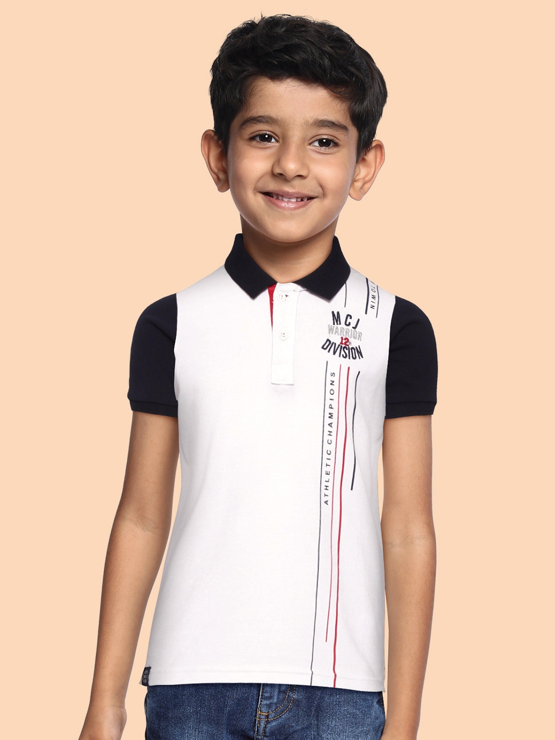 

Monte Carlo Boys White & Navy Blue Printed Polo Collar Pure Cotton T-shirt