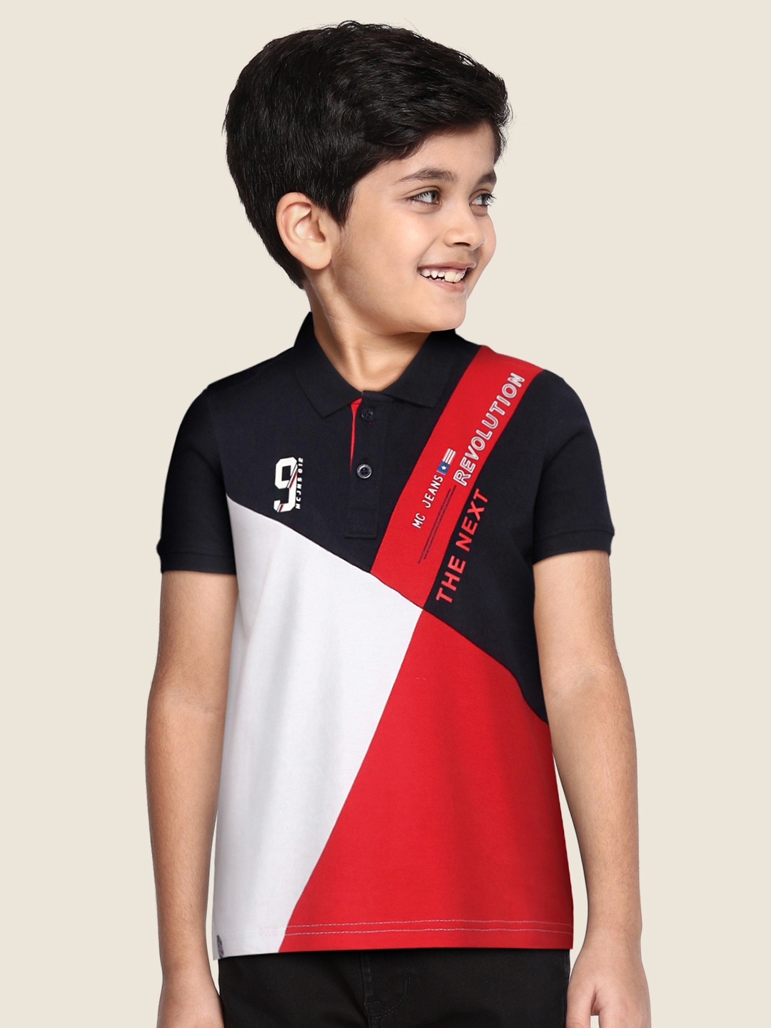 

Monte Carlo Boys Navy Blue & Red Colourblocked Polo Collar Pure Cotton T-shirt