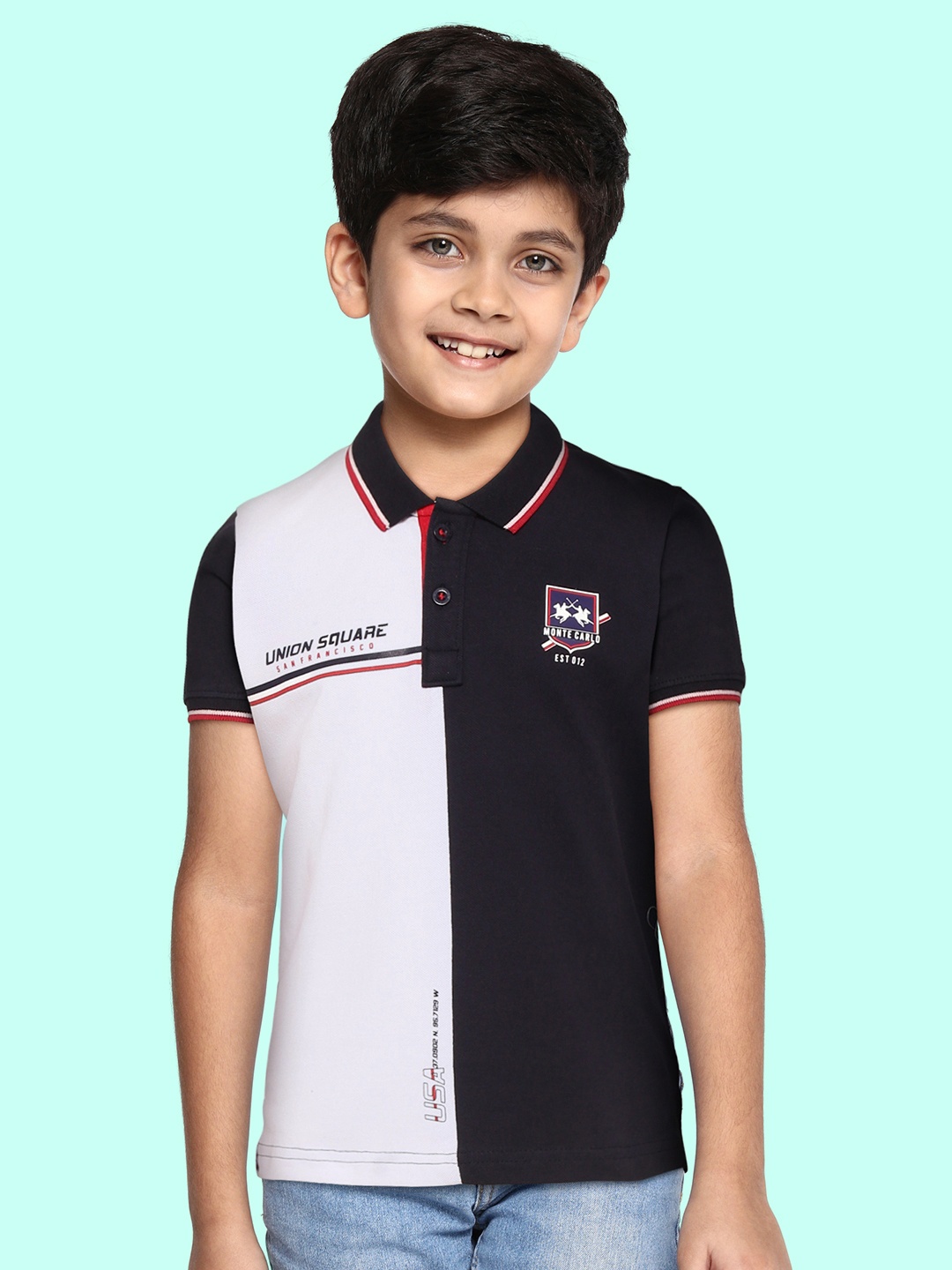 

Monte Carlo Boys White & Navy Blue Colourblocked Cotton Polo Collar T-shirt