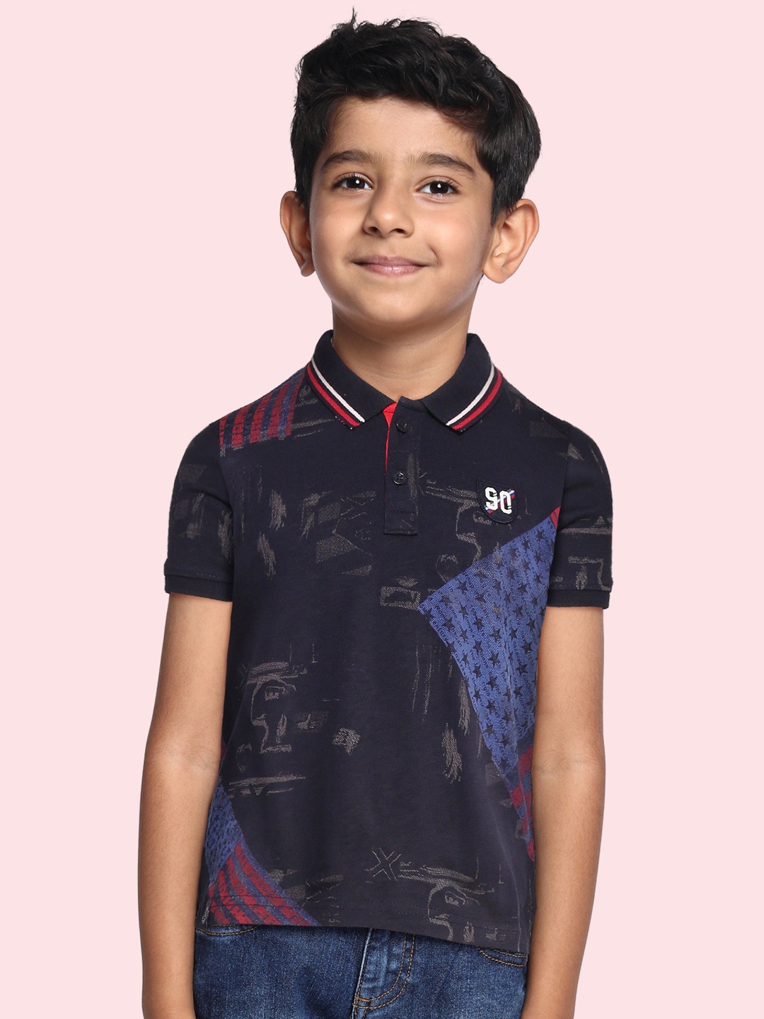 

Monte Carlo Boys Blue & Grey Graphic Printed Cotton Polo Collar T-shirt