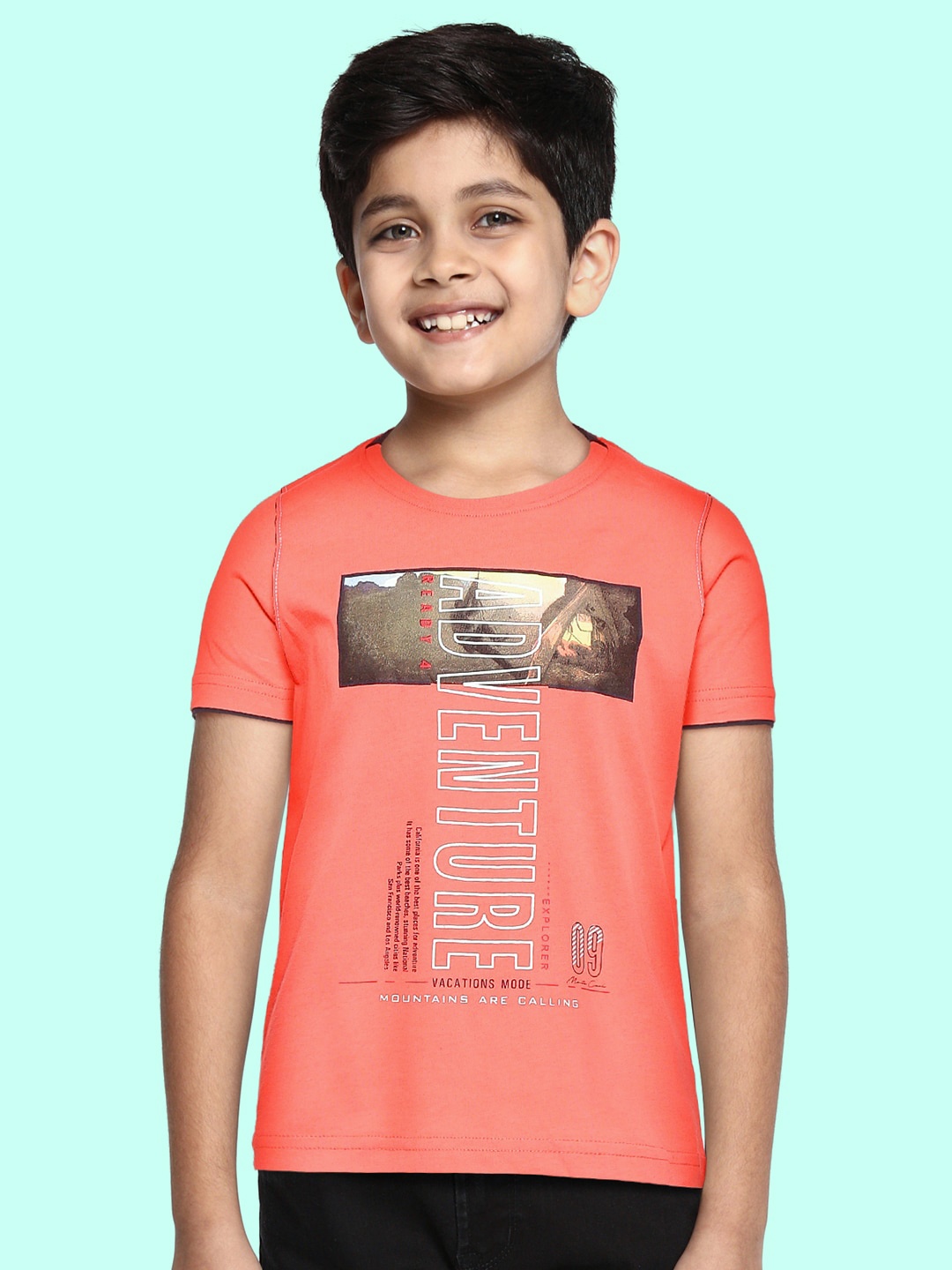

Monte Carlo Boys Coral Pink & Olive Green Printed Pure Cotton T-shirt