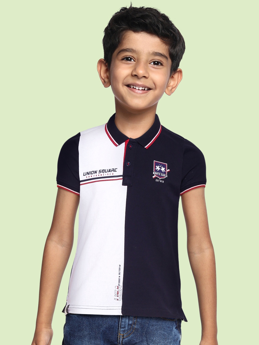 

Monte Carlo Boys Navy Blue & White Colourblocked Polo Collar Cotton T-shirt