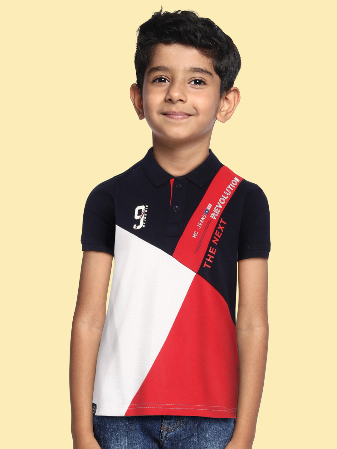 

Monte Carlo Boys Navy Blue & White Colourblocked Cotton Polo Collar T-shirt
