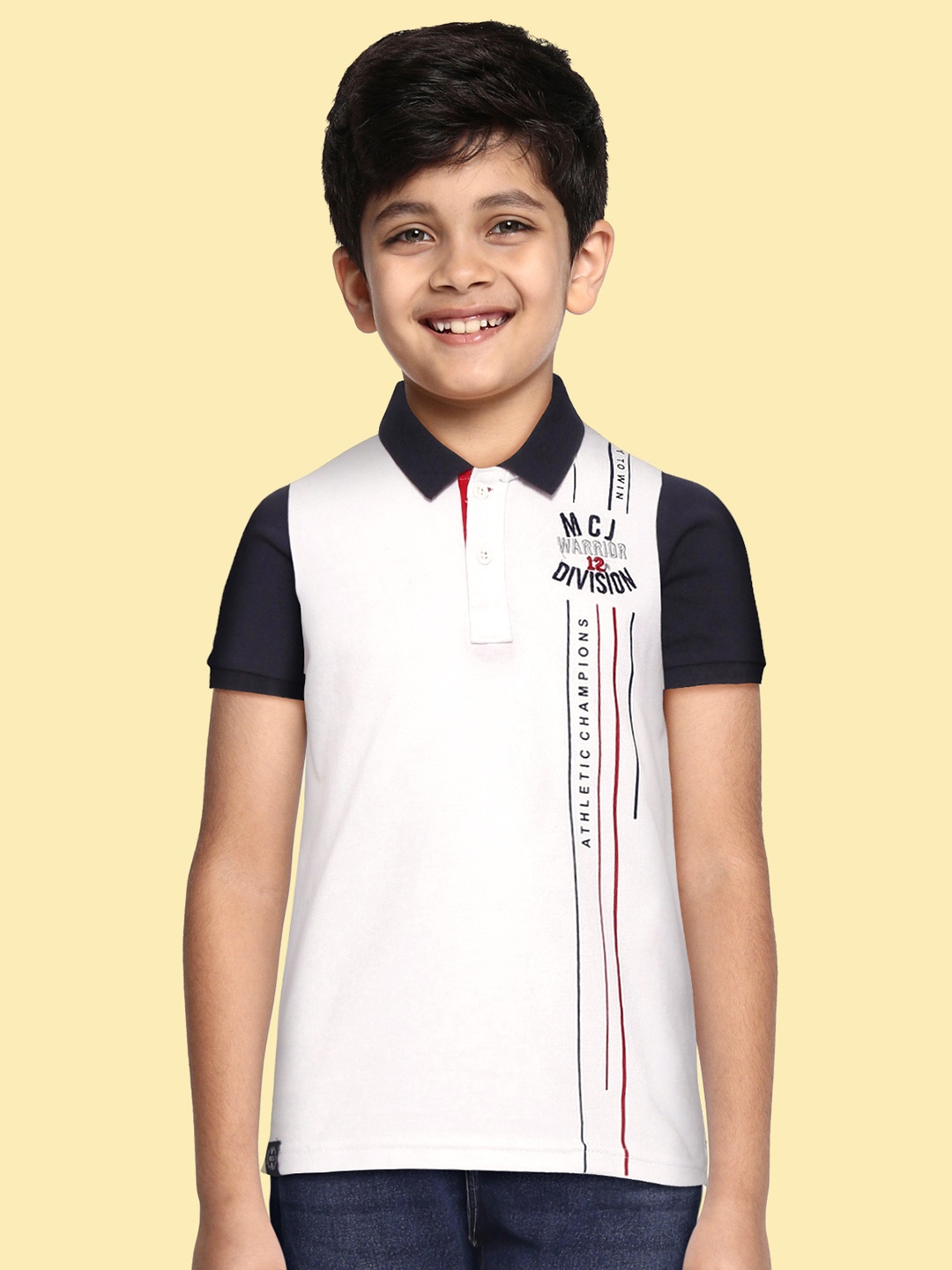 

Monte Carlo Boys White & Navy Blue Printed Polo Collar Pure Cotton T-shirt