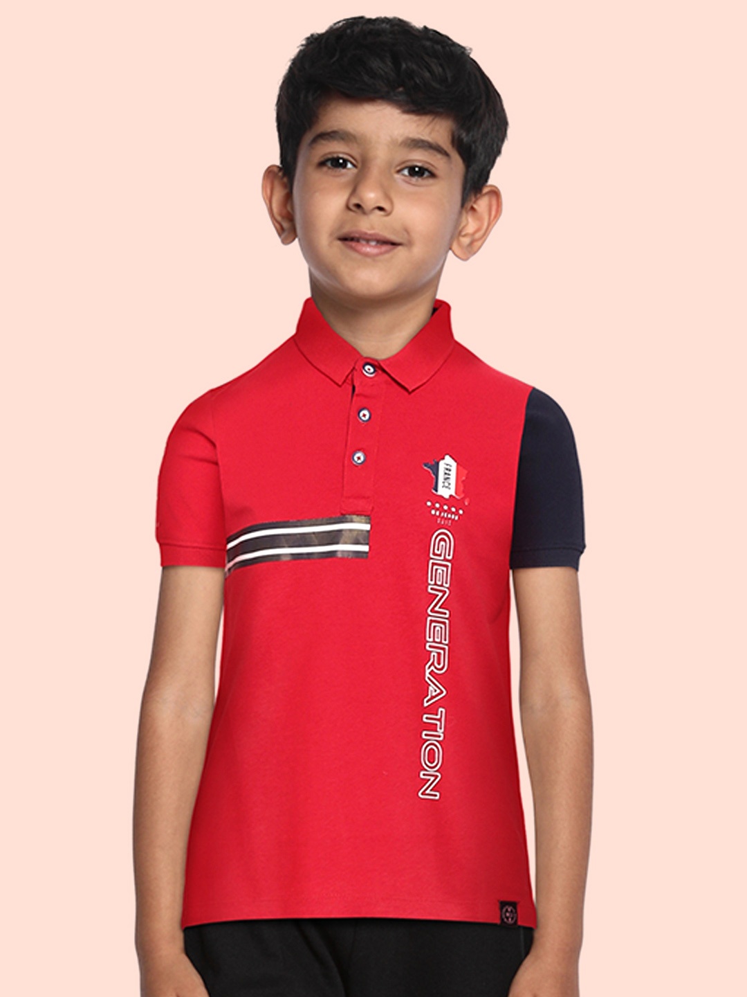 

Monte Carlo Boys Red & Navy Blue Pure Cotton Colourblocked Polo Collar T-shirt