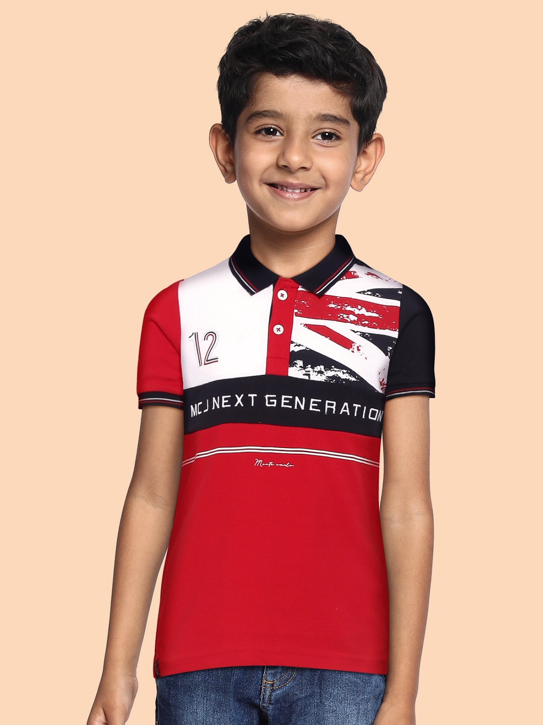 

Monte Carlo Boys Red & White Pure Cotton Colourblocked Polo Collar T-shirt