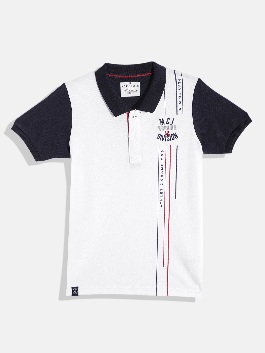 

Monte Carlo Boys White & Navy Blue Pure Cotton Colourblocked Polo Collar T-shirt