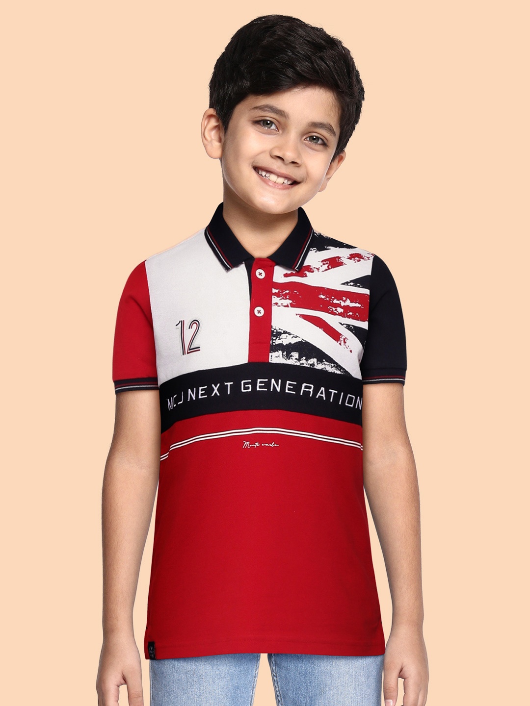 

Monte Carlo Boys Red & White Pure Cotton Colourblocked Polo Collar T-shirt