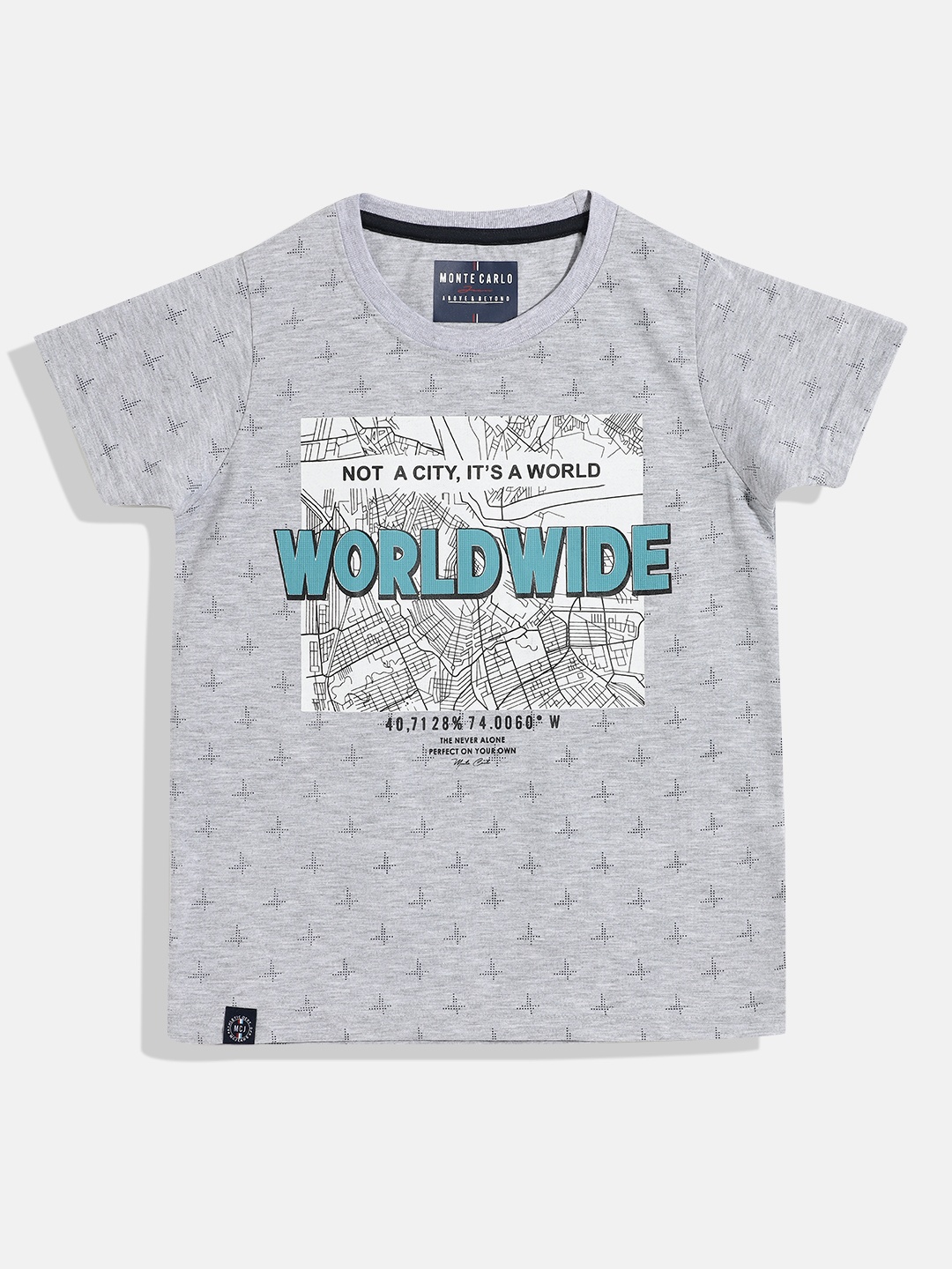 

Monte Carlo Boys Grey Melange & Black Printed Cotton T-shirt