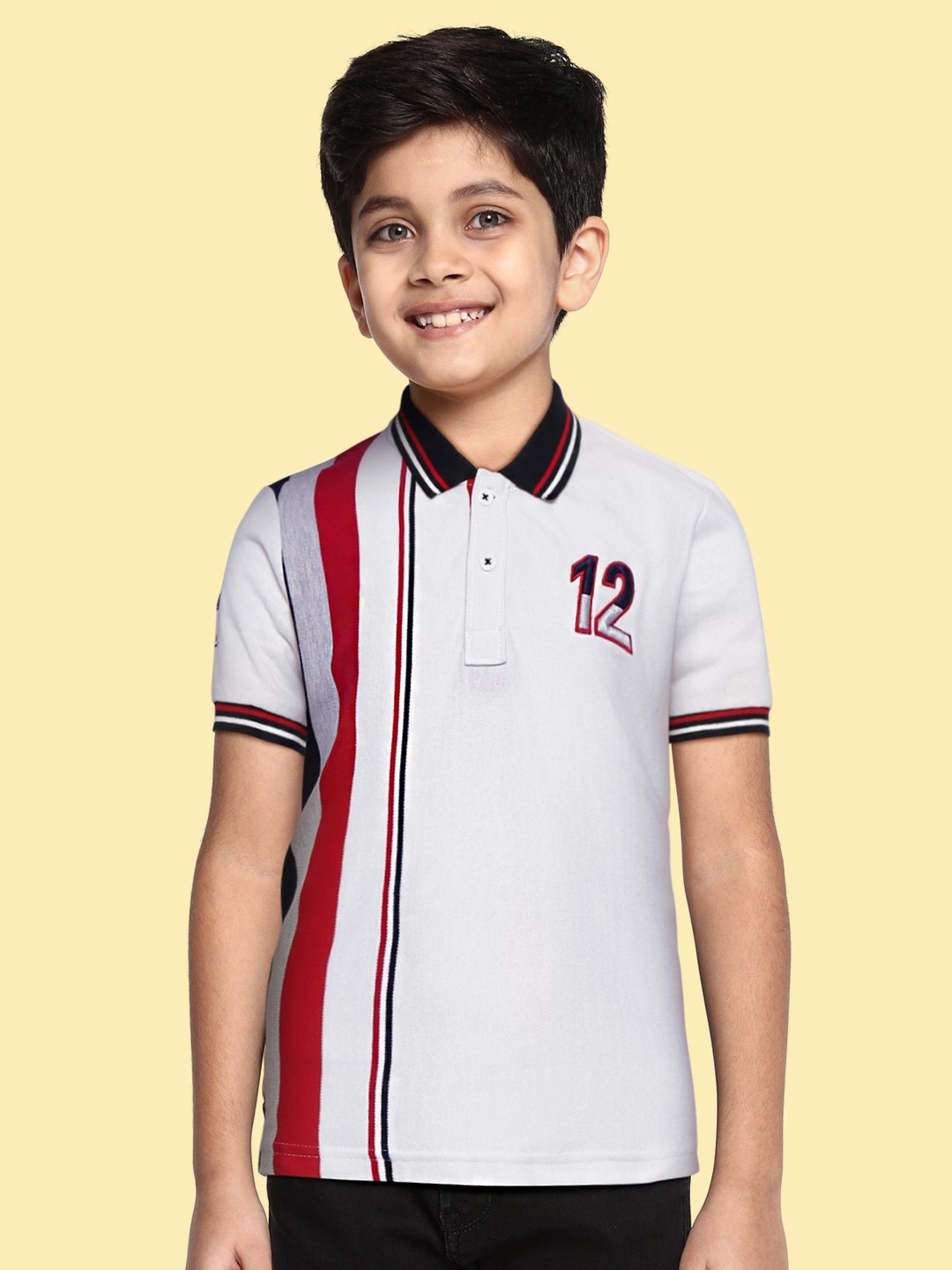 

Monte Carlo Boys White & Maroon Striped Polo Collar T-shirt