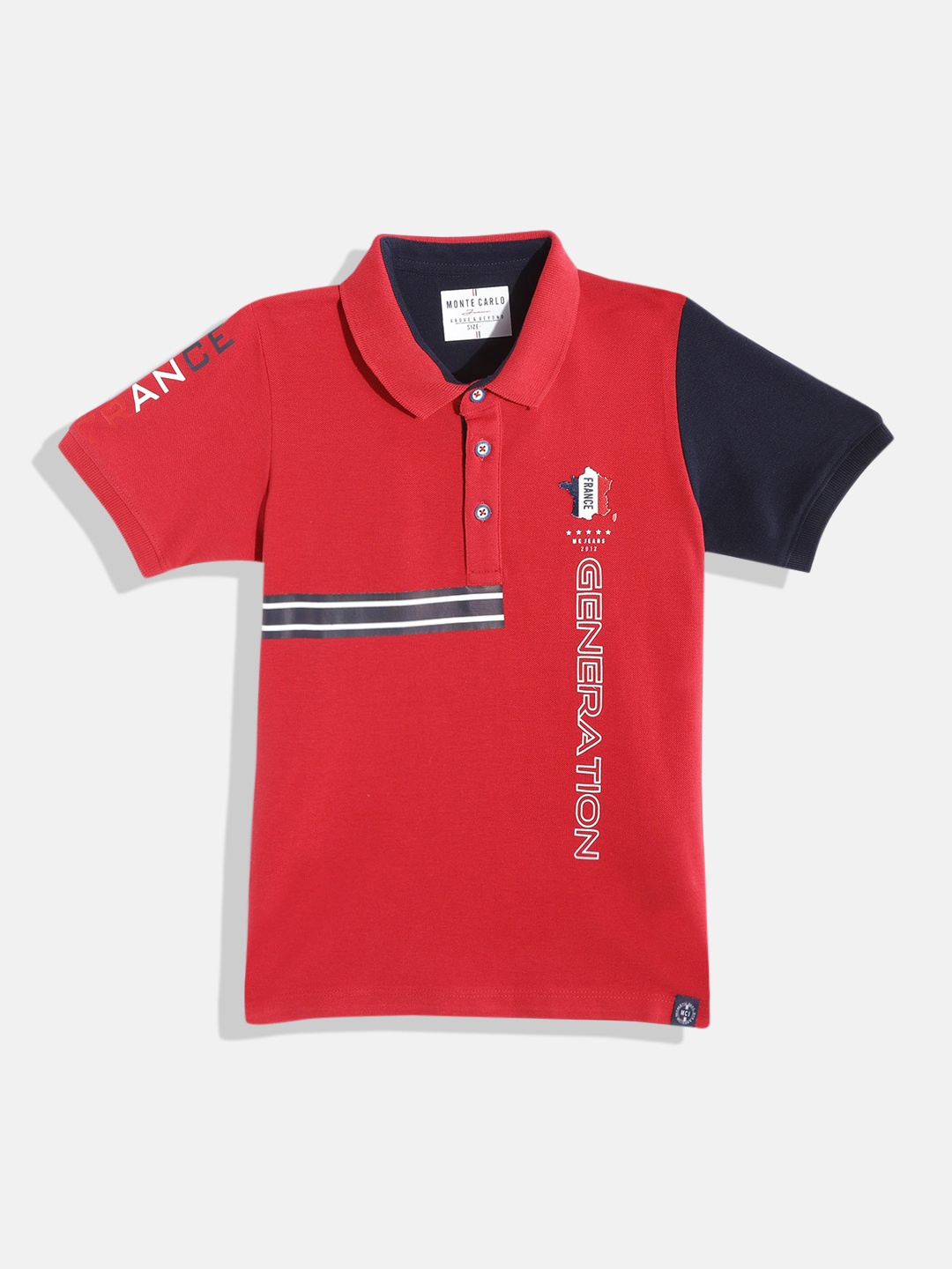 

Monte Carlo Boys Red & Navy Blue Pure Cotton Colourblocked Polo Collar T-shirt