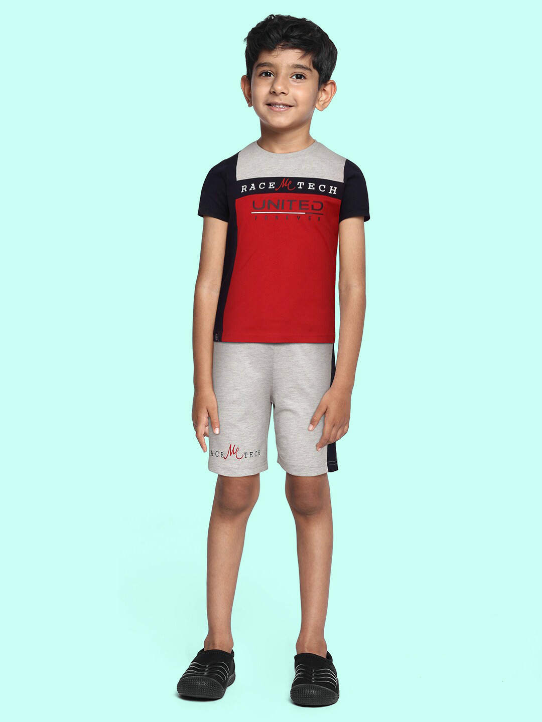 

Monte Carlo Boys Red & Grey Melange Colourblocked T-shirt with Shorts