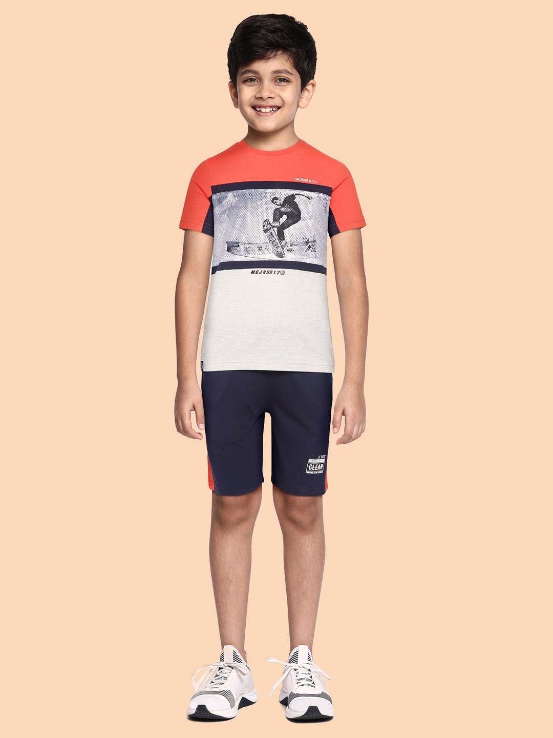 

Monte Carlo Boys Grey Melange & Navy Blue Printed T-shirt with Shorts