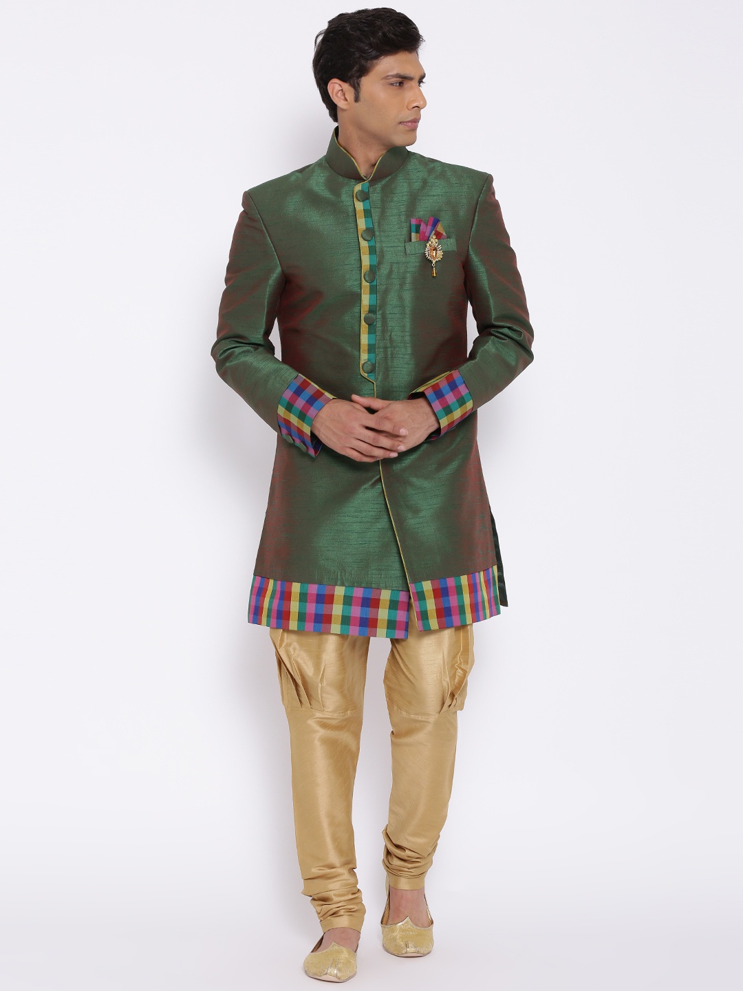 

Manish Creations Green & Beige Dual-Toned Raw Silk Handcrafted Sherwani