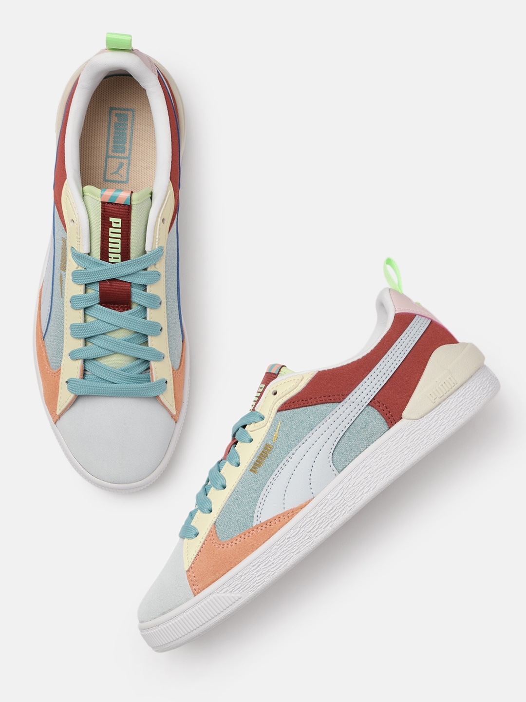 

Puma Unisex Blue and Yellow Colourblocked Leather Sneakers