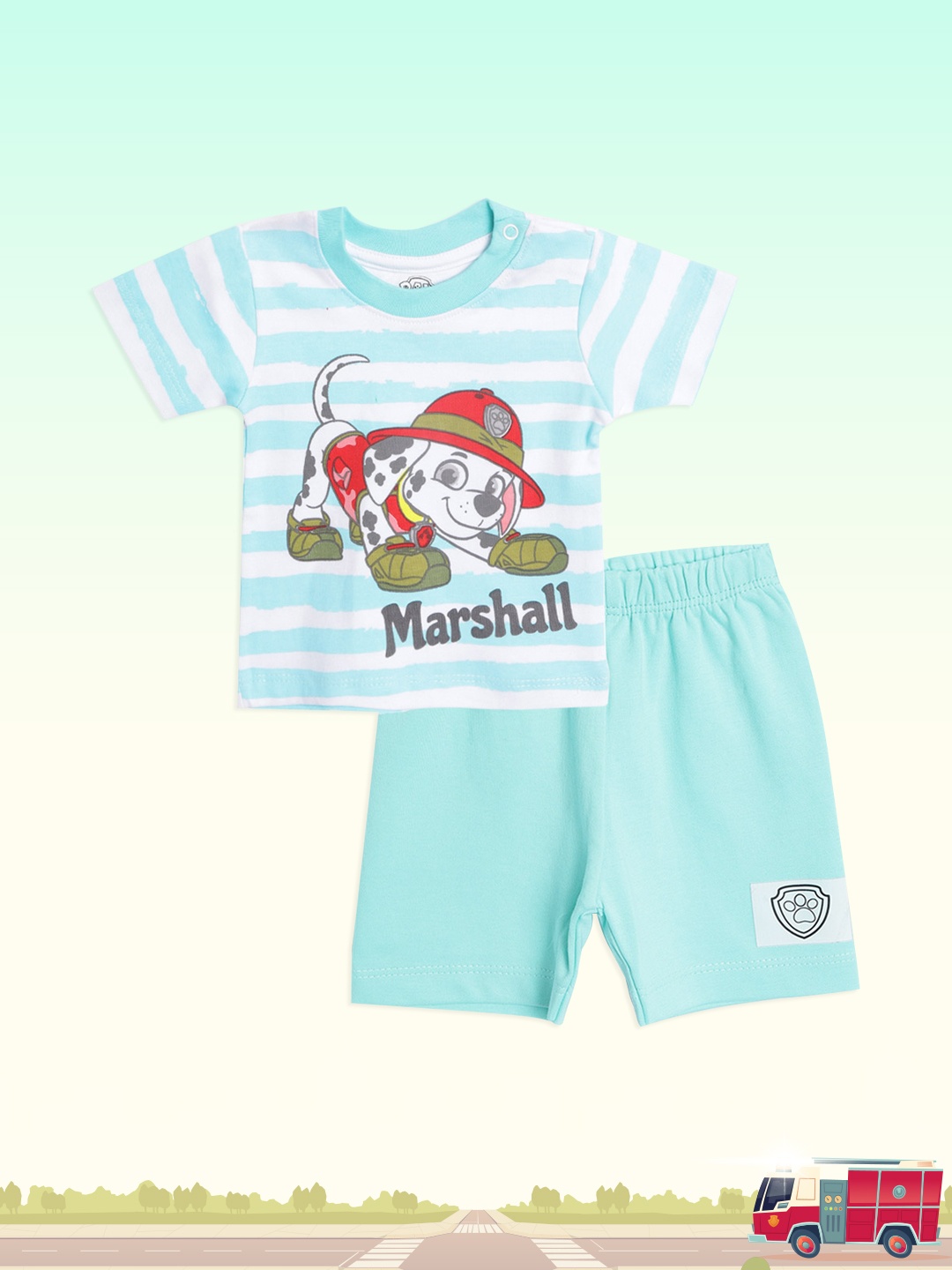 

TINYO Infant Boys Sea Green & White Cotton Striped & Marshall Dog Print T-shirt & Shorts