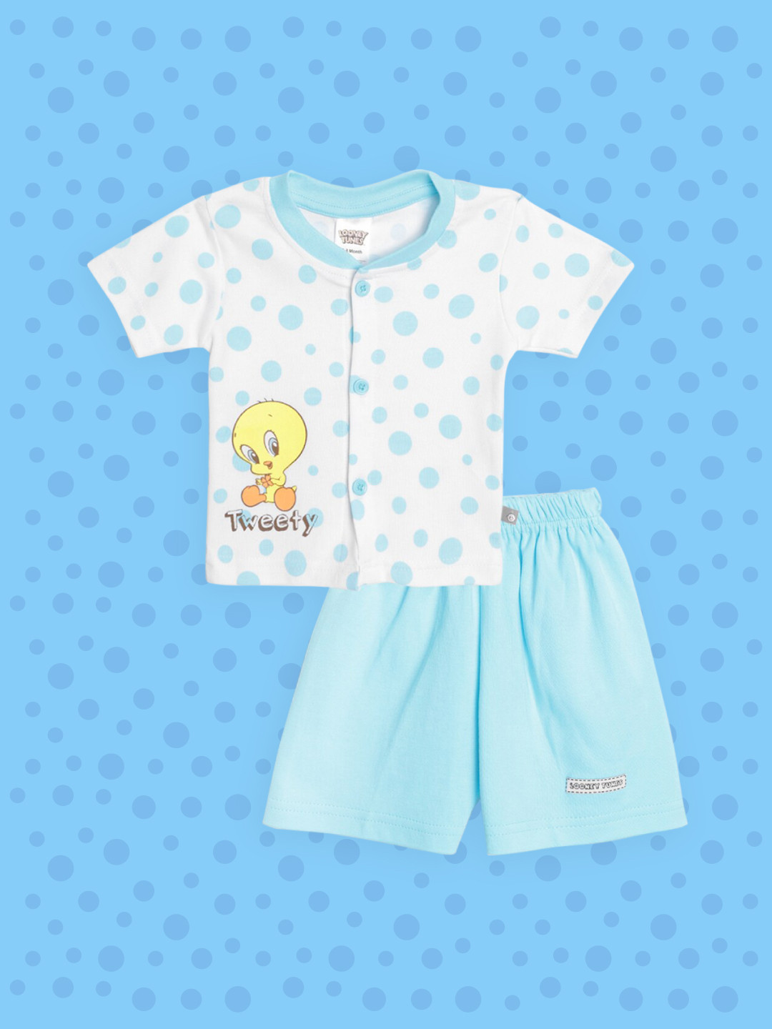 

TINYO Infant Girls White & Blue Polka Dot Print & Tweety Print Cotton Clothing Set
