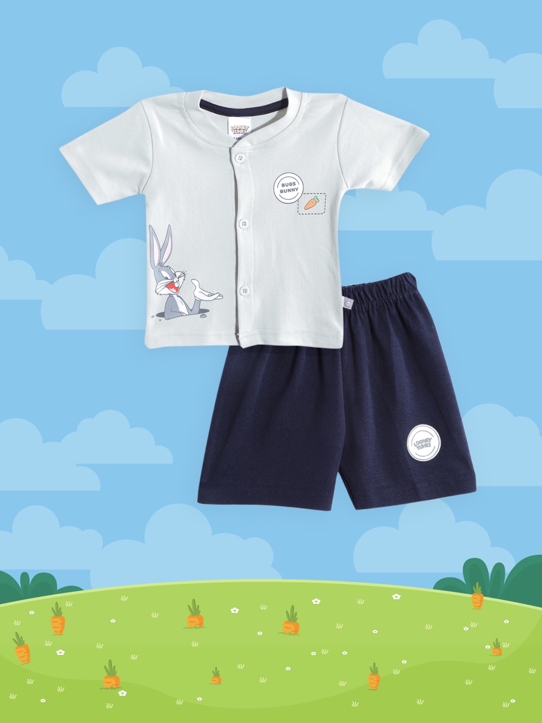 

TINYO Boys Grey & Navy Blue Pure Cotton Bugs Bunny Print T-shirt with Shorts