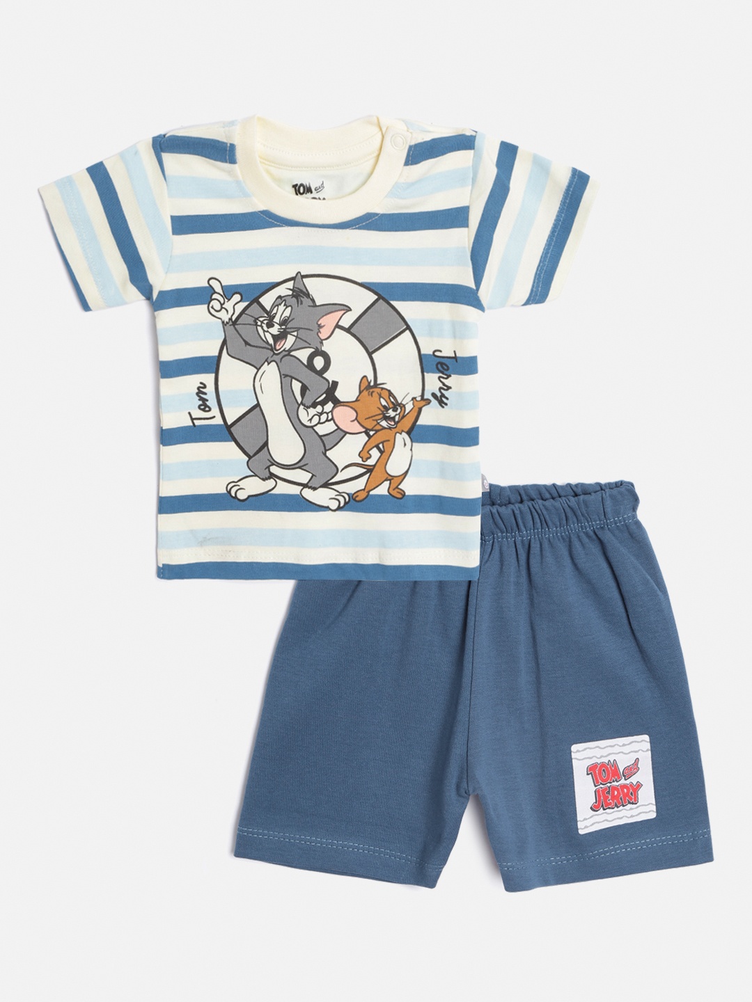 

TINYO Infant Boys Blue & Cream-Coloured Cotton Striped & Tom & Jerry T-shirt with Short