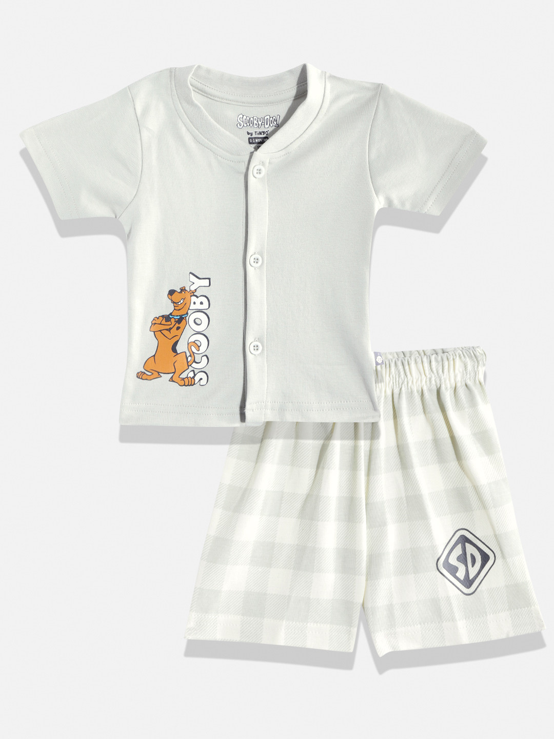 

TINYO Infant Boys Grey & Off White Scooby Doo Print Pure Cotton T-shirt with Shorts