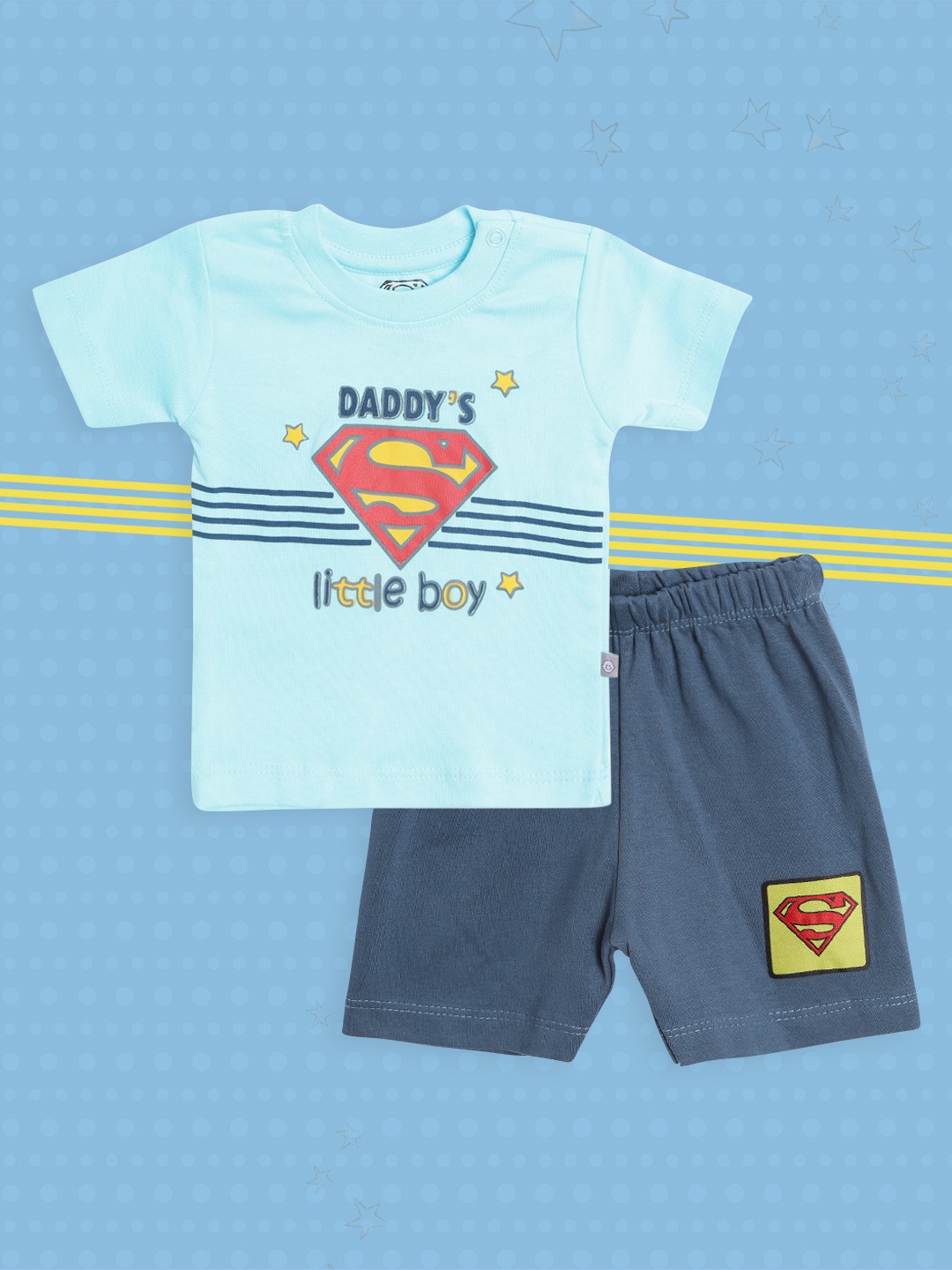 

TINYO Infant Boys Blue Pure Cotton Superman Print T-shirt with Shorts