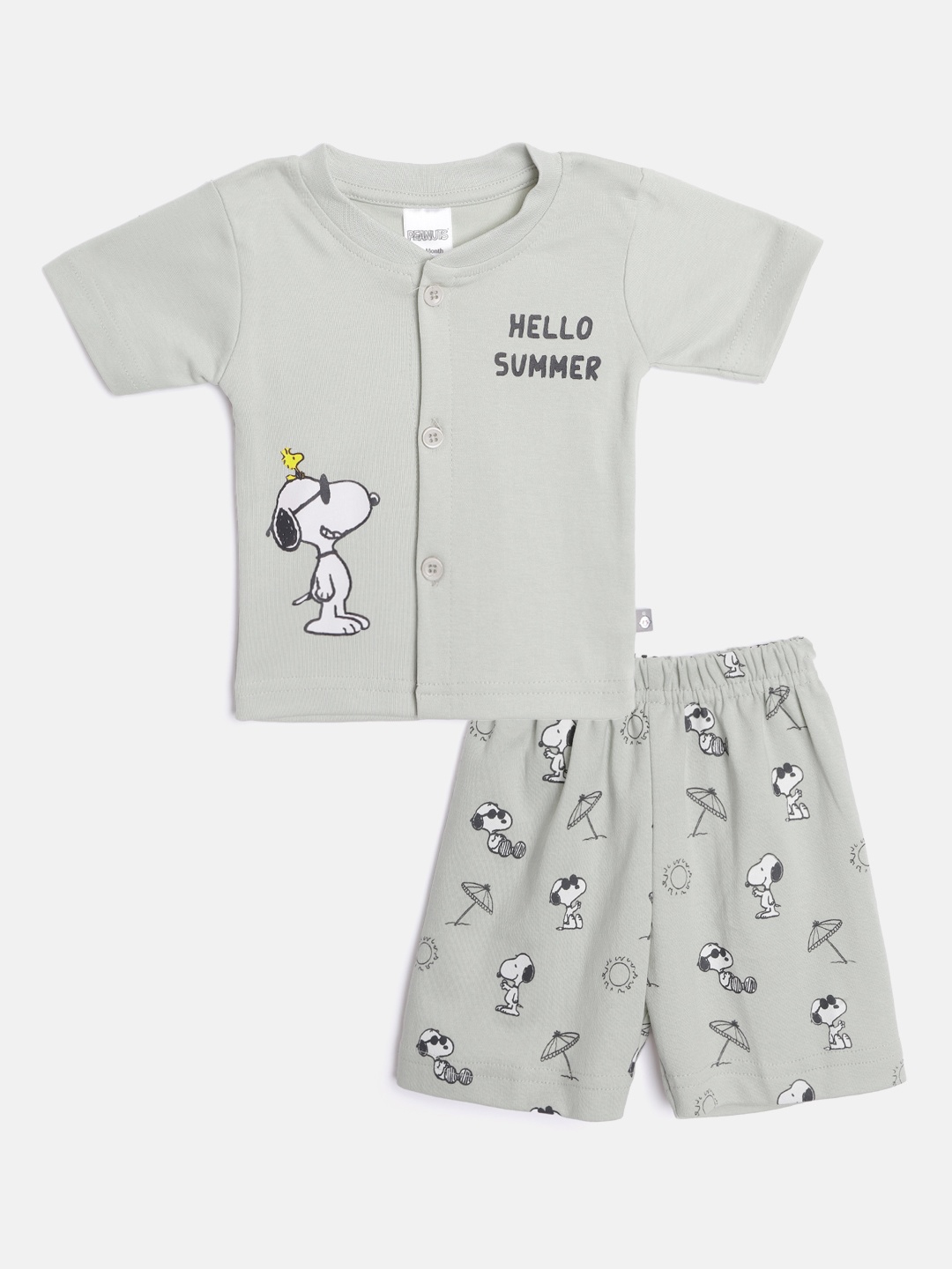 

TINYO Infant Kids Green & White Snoopy Print Pure Cotton T-shirt with Shorts