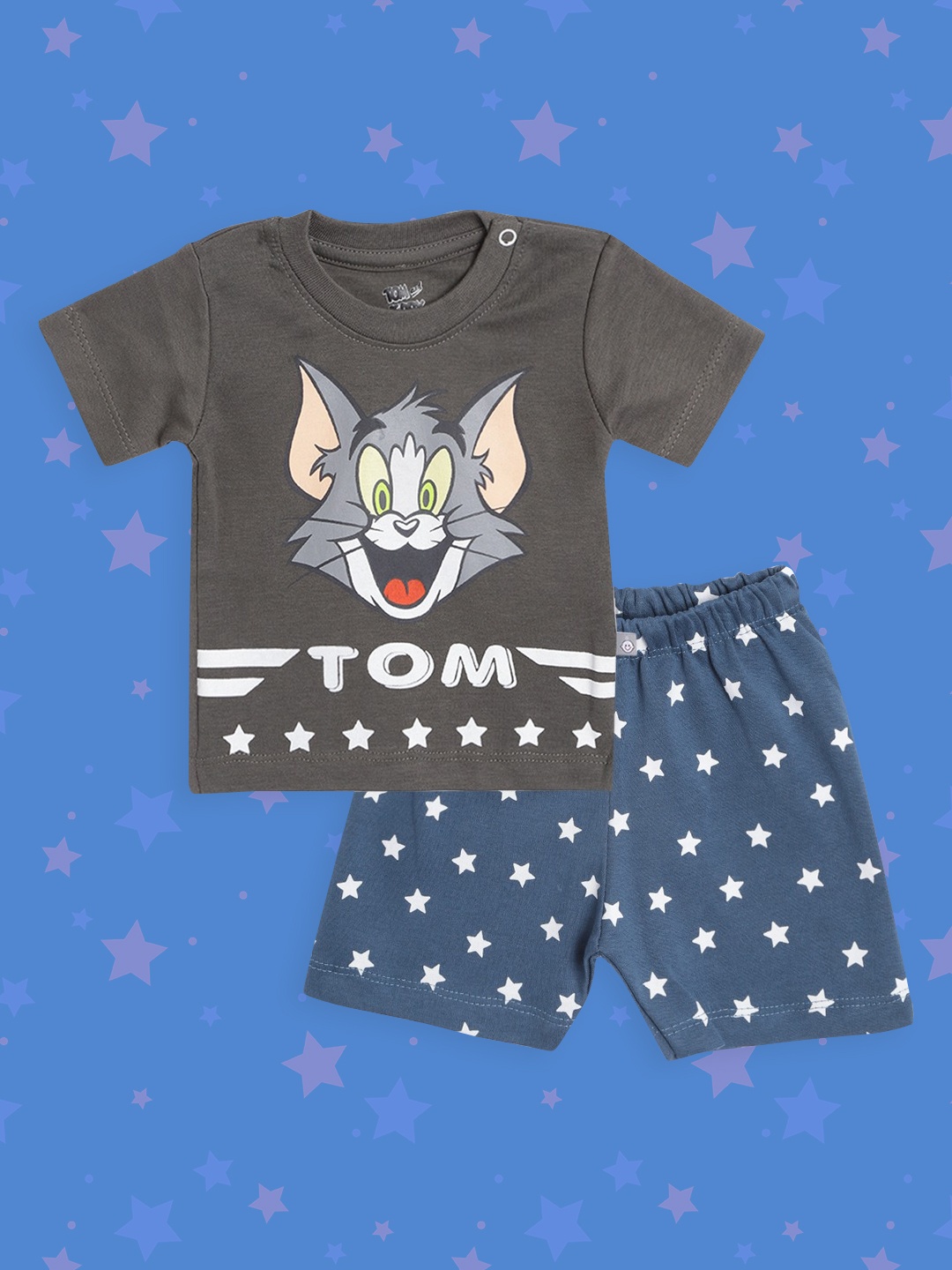 

TINYO Infant Boys Charcoal Grey & Navy Pure Cotton Tom & Jerry Print T-shirt with Shorts