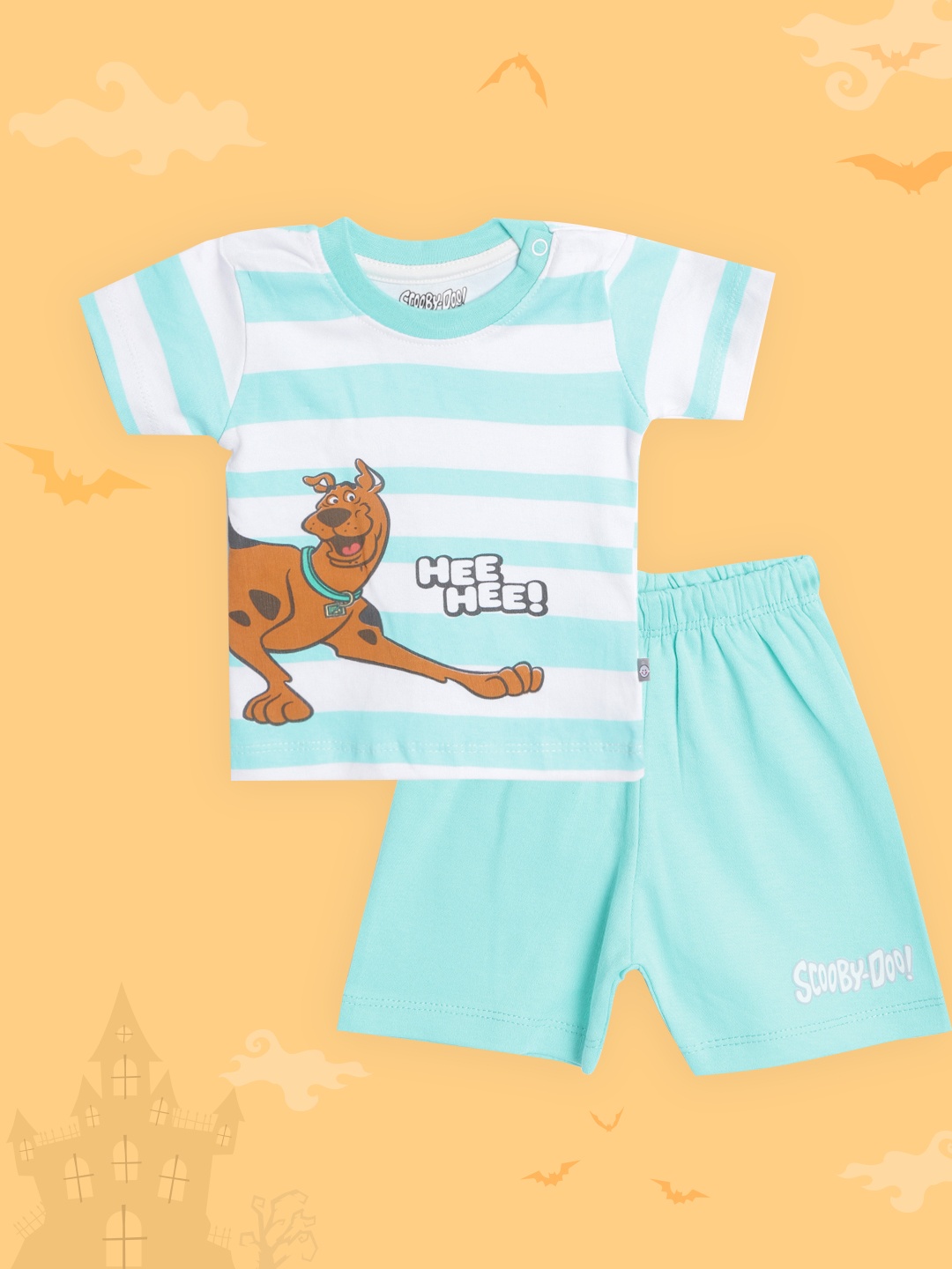 

TINYO Infant Boys Sea Green & White Pure Cotton Striped & Scooby Doo T-shirt with Shorts