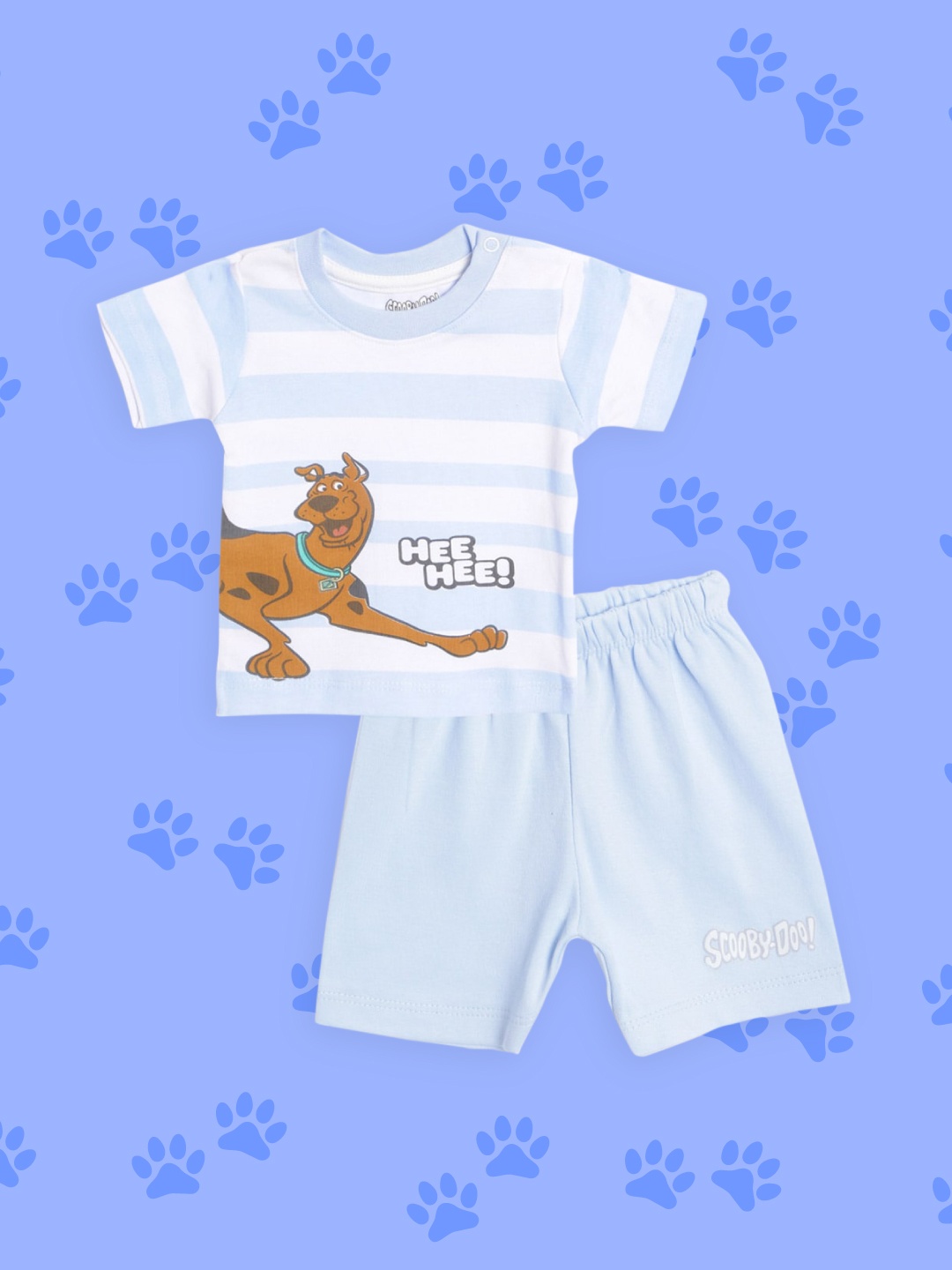 

TINYO Infant Boys Blue & White Pure Cotton Striped & Scooby Doo Print T-shirt with Shorts