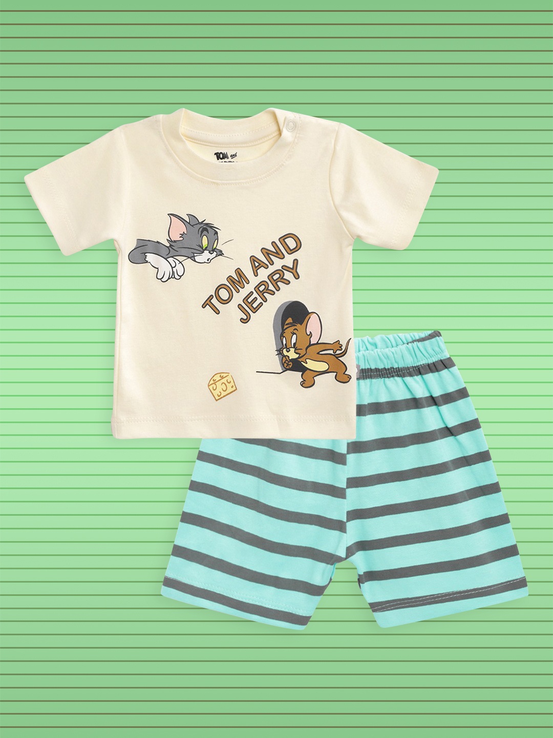

TINYO Infant Boys Cream-Coloured & Sea Green Cotton Tom & Jerry Print T-shirt with Shorts