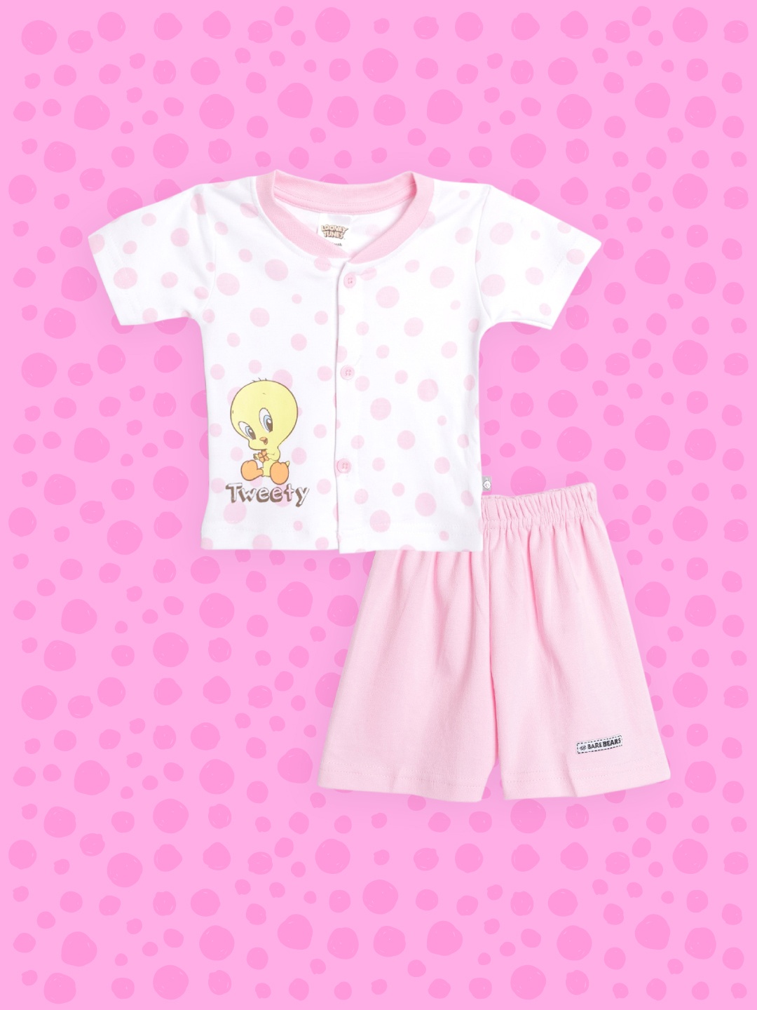 

TINYO Infant Girls White & Pink Polka Dot & Tweety Printed Cotton Clothing Set