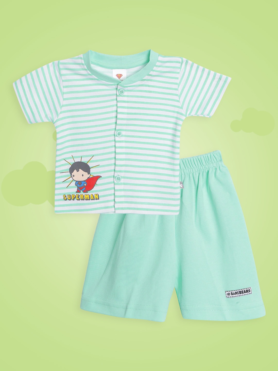

TINYO Infant Boys Green & White Striped Pure Cotton Jhabla with Shorts