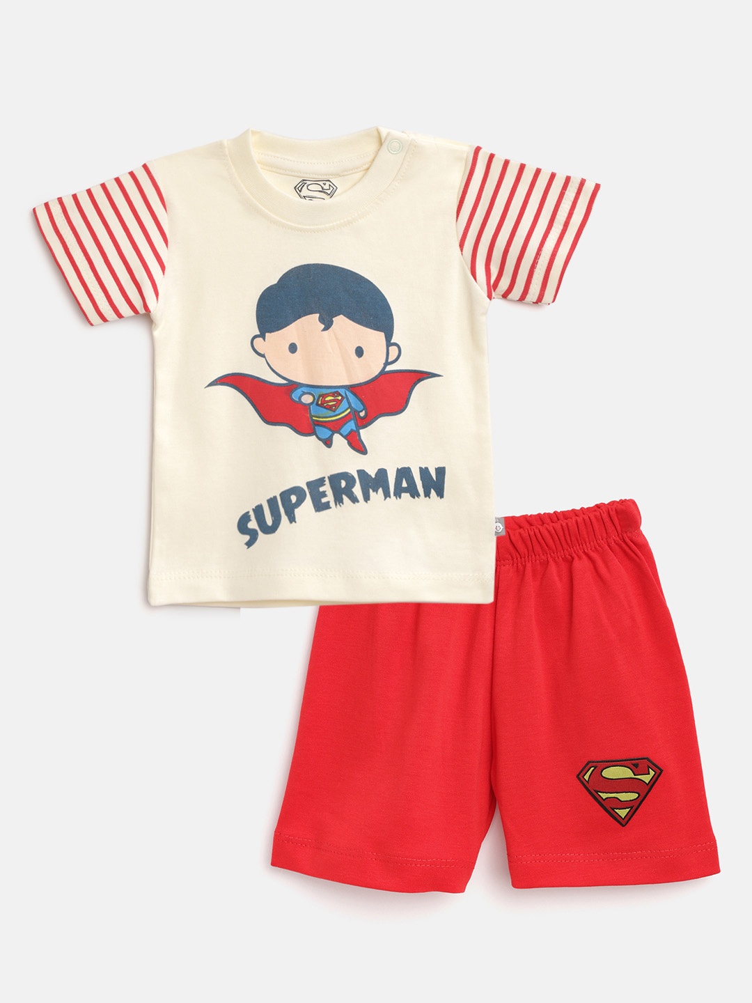 

TINYO Infant Boys Cream-Coloured & Red Pure Cotton Superman Print T-shirt with Shorts