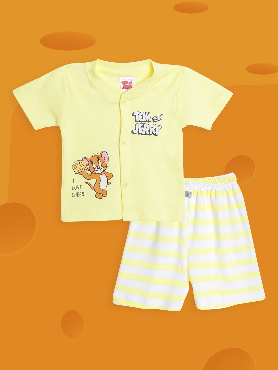 

TINYO Infant Kids Yellow & White Tom & Jerry Print Pure Cotton Jhabla with Striped Shorts