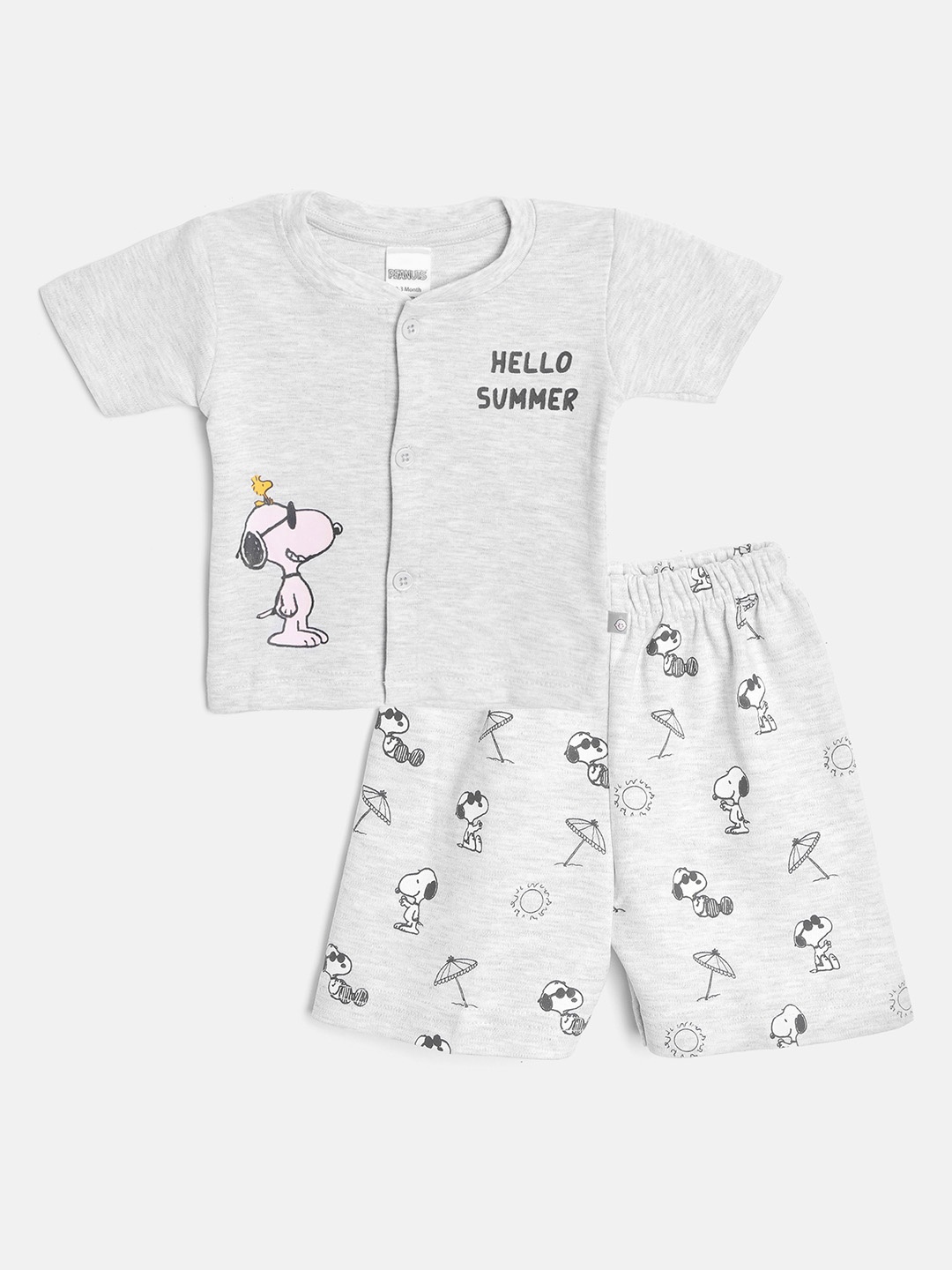 

TINYO Infant Grey Melange & Black Snoopy Printed Cotton Clothing Set