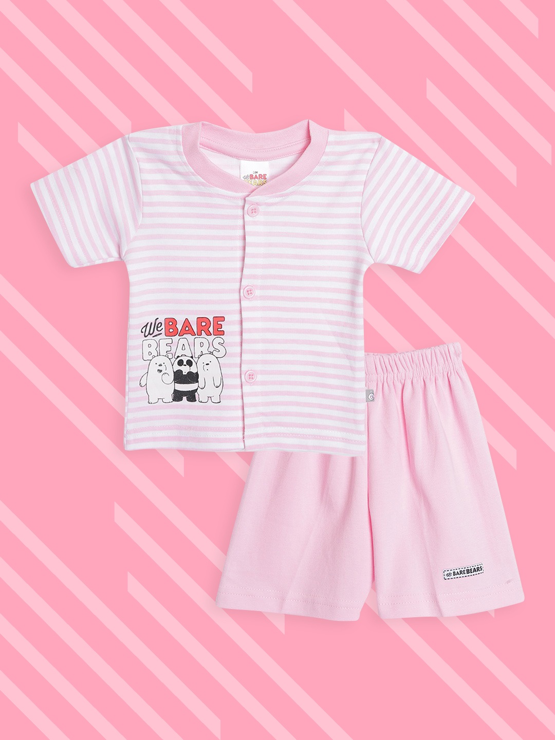 

TINYO Infant White & Pink Striped & We Bare Bears Print Cotton Clothing Set