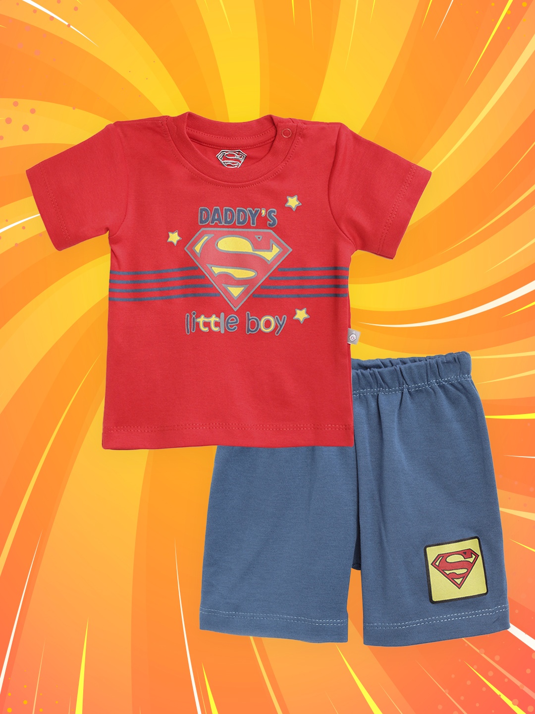 

TINYO Infant Boys Red & Teal Blue Pure Cotton Superman Print T-shirt with Shorts