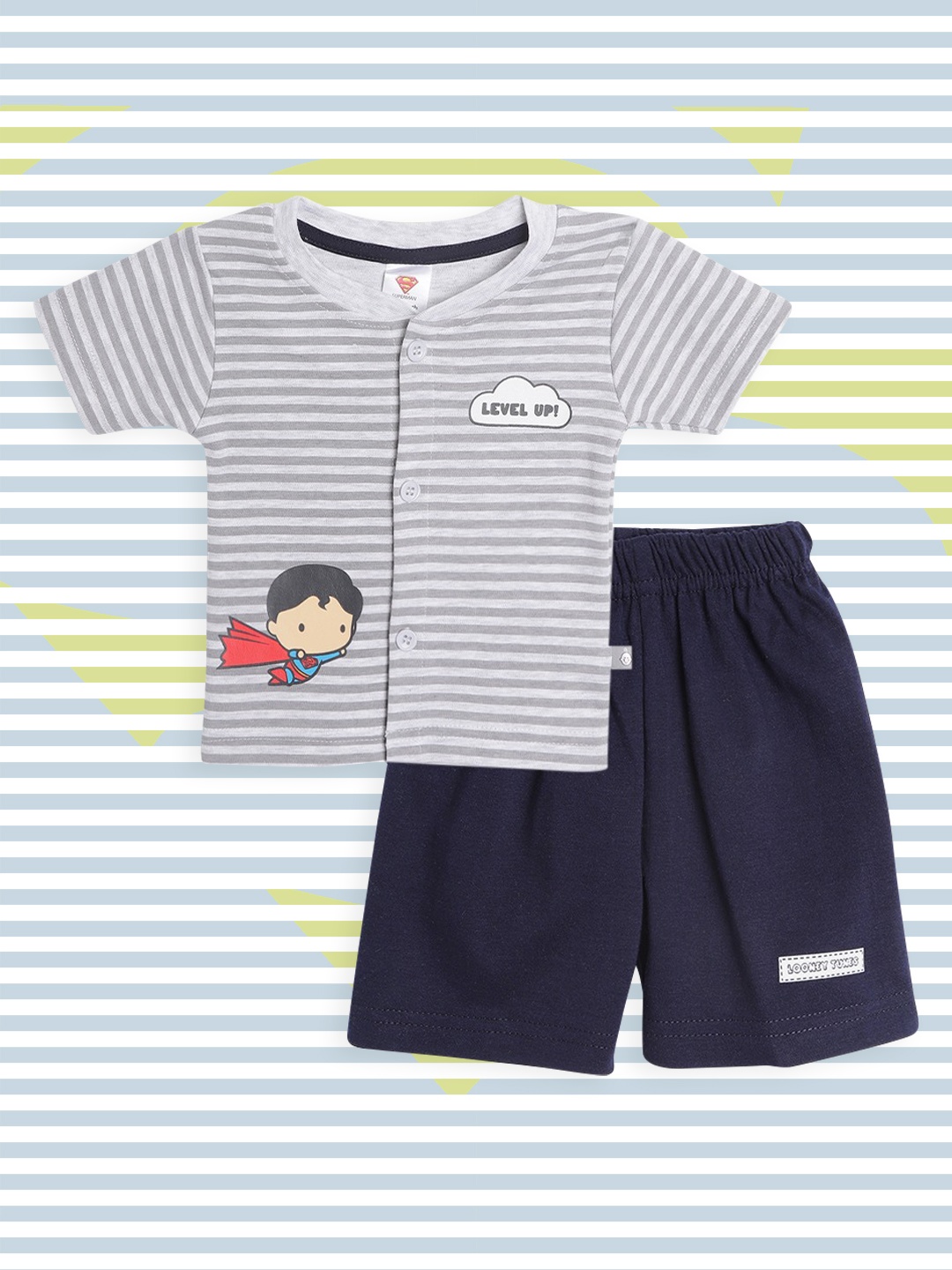 

TINYO Infant Boys Grey & Navy Blue Striped Pure Cotton Jhabla with Shorts