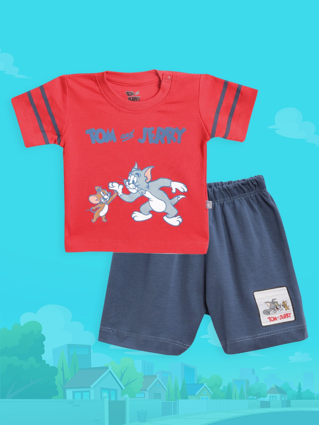 

TINYO Infant Boys Red & Navy Blue Pure Cotton Tom & Jerry Print T-shirt with Shorts
