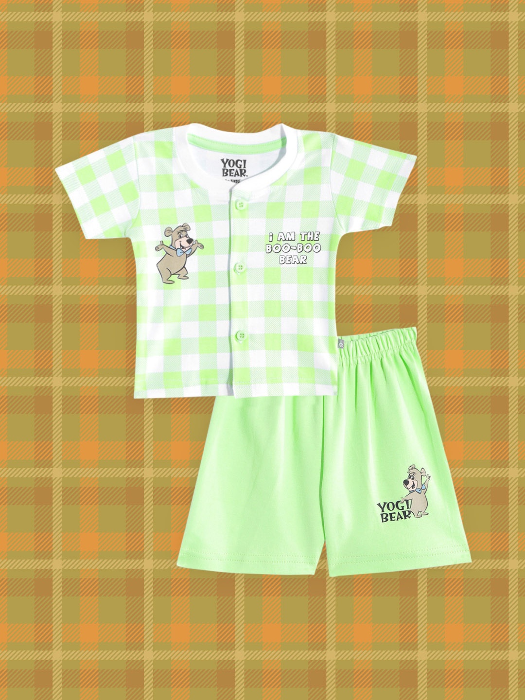 

TINYO Infant Boys Mint Green & White Yogi Bear Print Pure Cotton T-shirt with Shorts