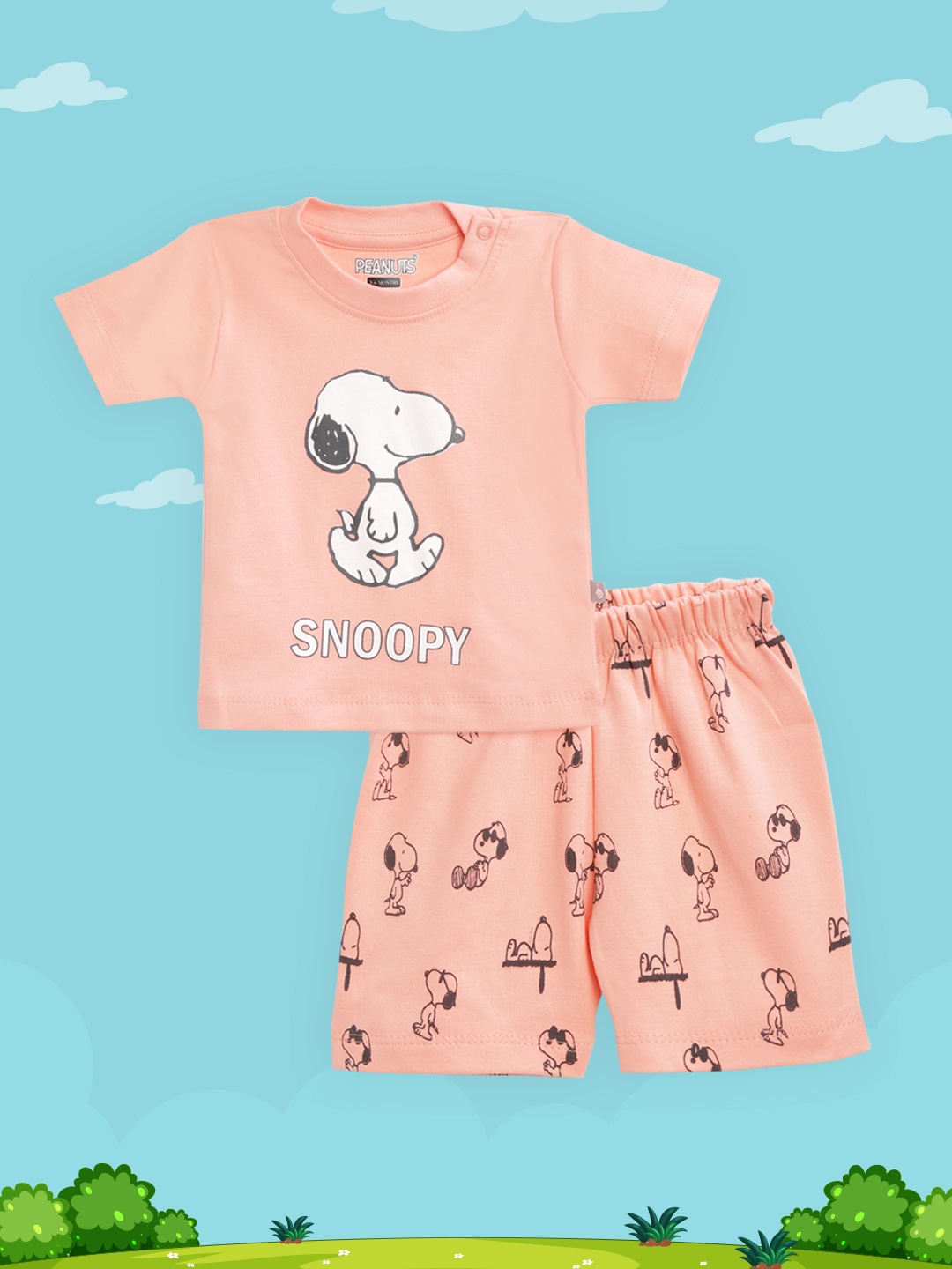 

TINYO Infant Boys Peach-Coloured & White Pure Cotton Snoopy Print T-shirt with Shorts