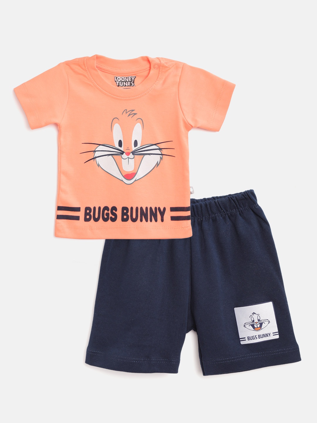 

TINYO Infant Boys Coral Orange & Navy Pure Cotton Bugs Bunny Print T-shirt with Shorts