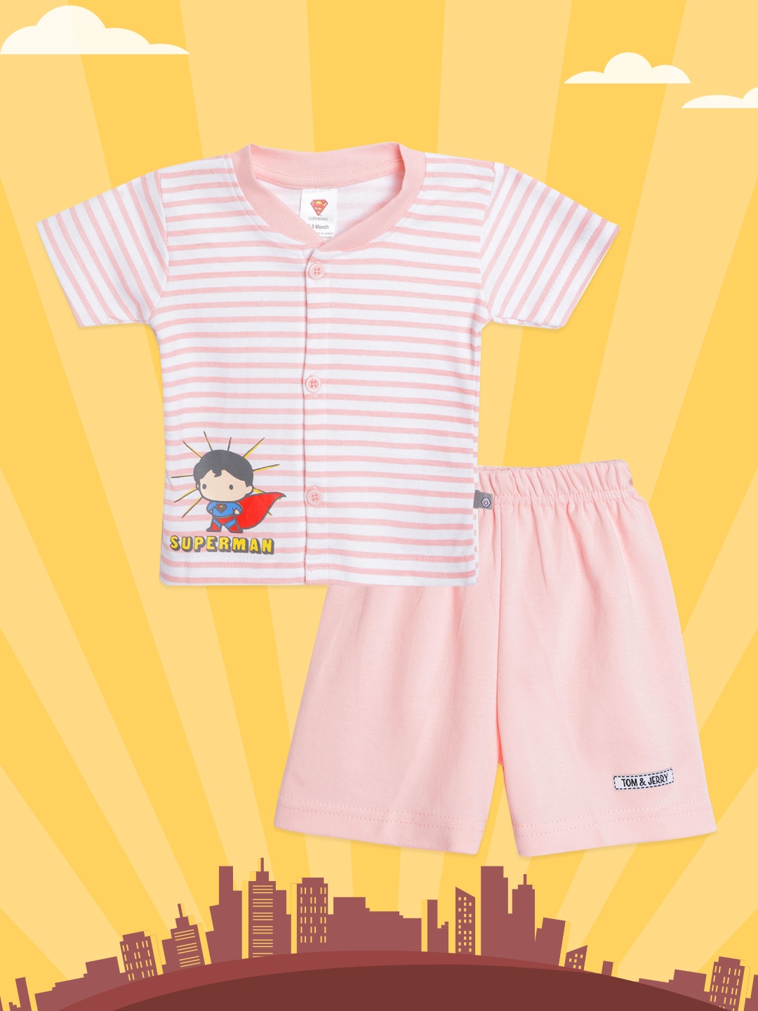 

TINYO Infant Boys Pink & White Striped Pure Cotton Jhabla with Shorts