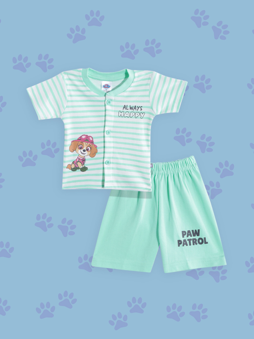 

TINYO Infant Girls Green & White Striped & Paw Patrol Print Pure Cotton Jhabla & Shorts