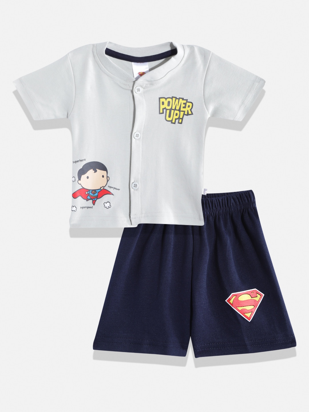 

TINYO Infant Boys Grey & Navy Blue Superman Print Pure Cotton T-shirt with Shorts