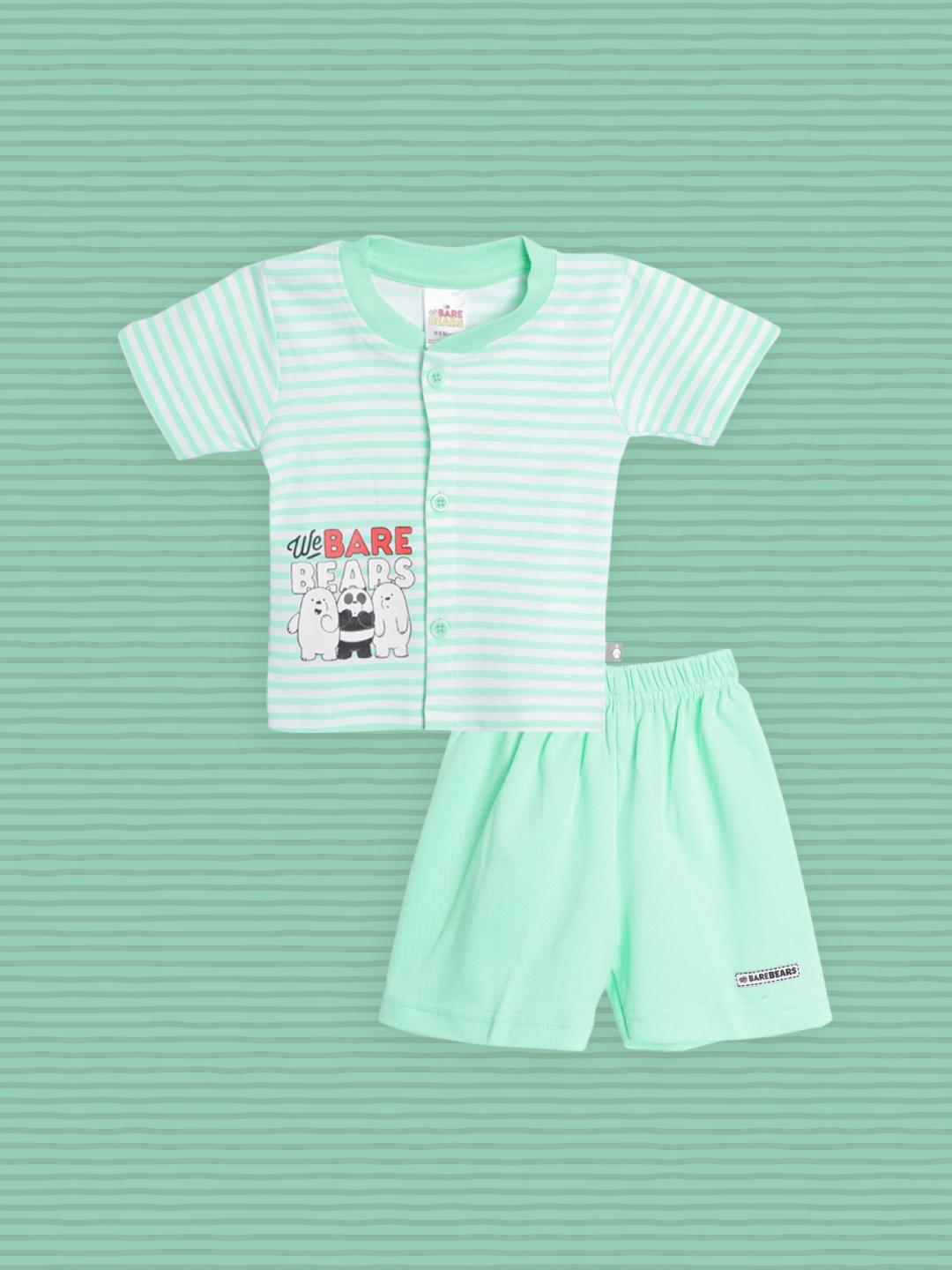 

TINYO Infant White & Green Striped & We Bare Bears Print Cotton Clothing Set