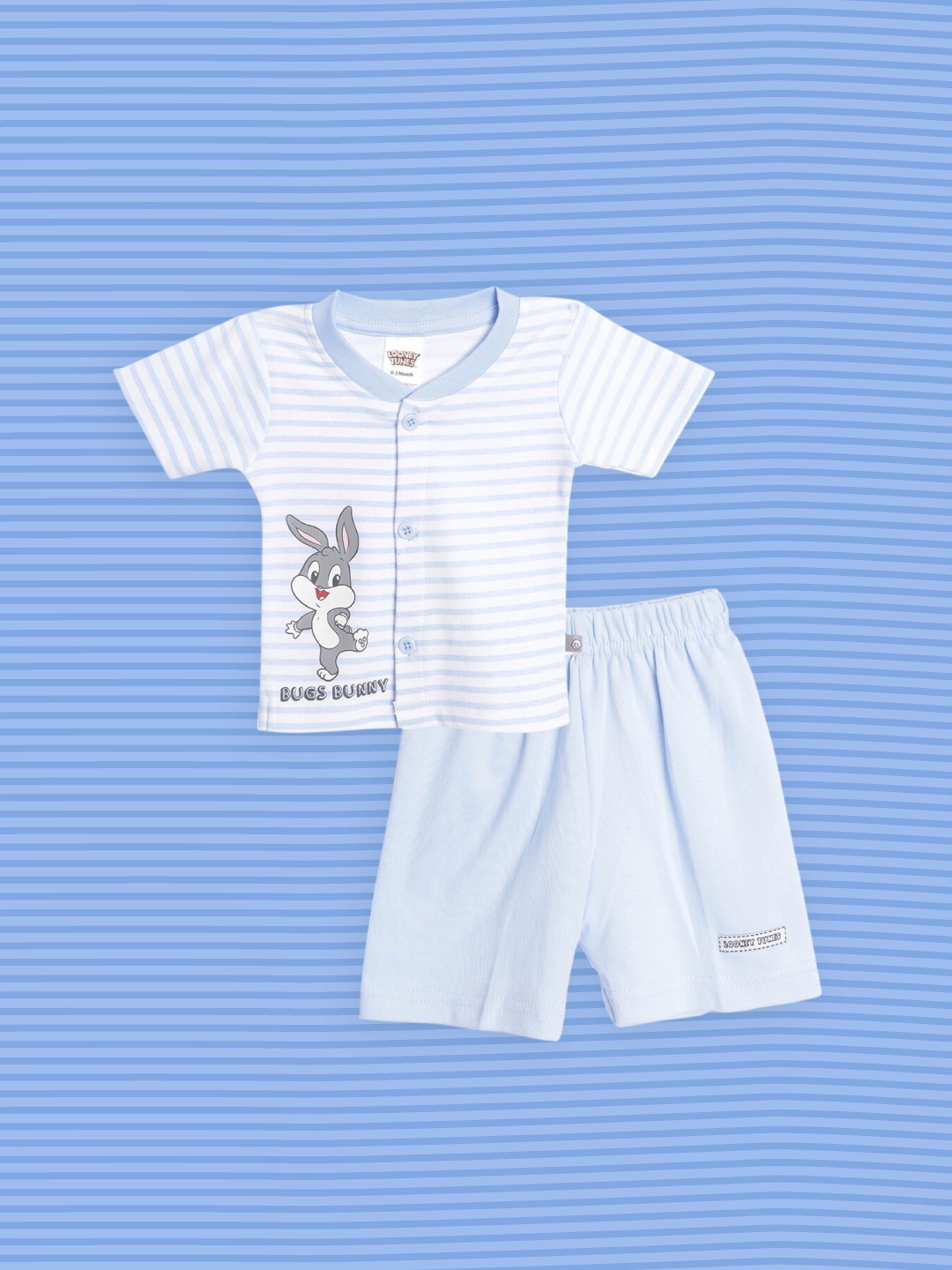 

TINYO Infant Blue & White Striped Pure Cotton Jhabla with Shorts