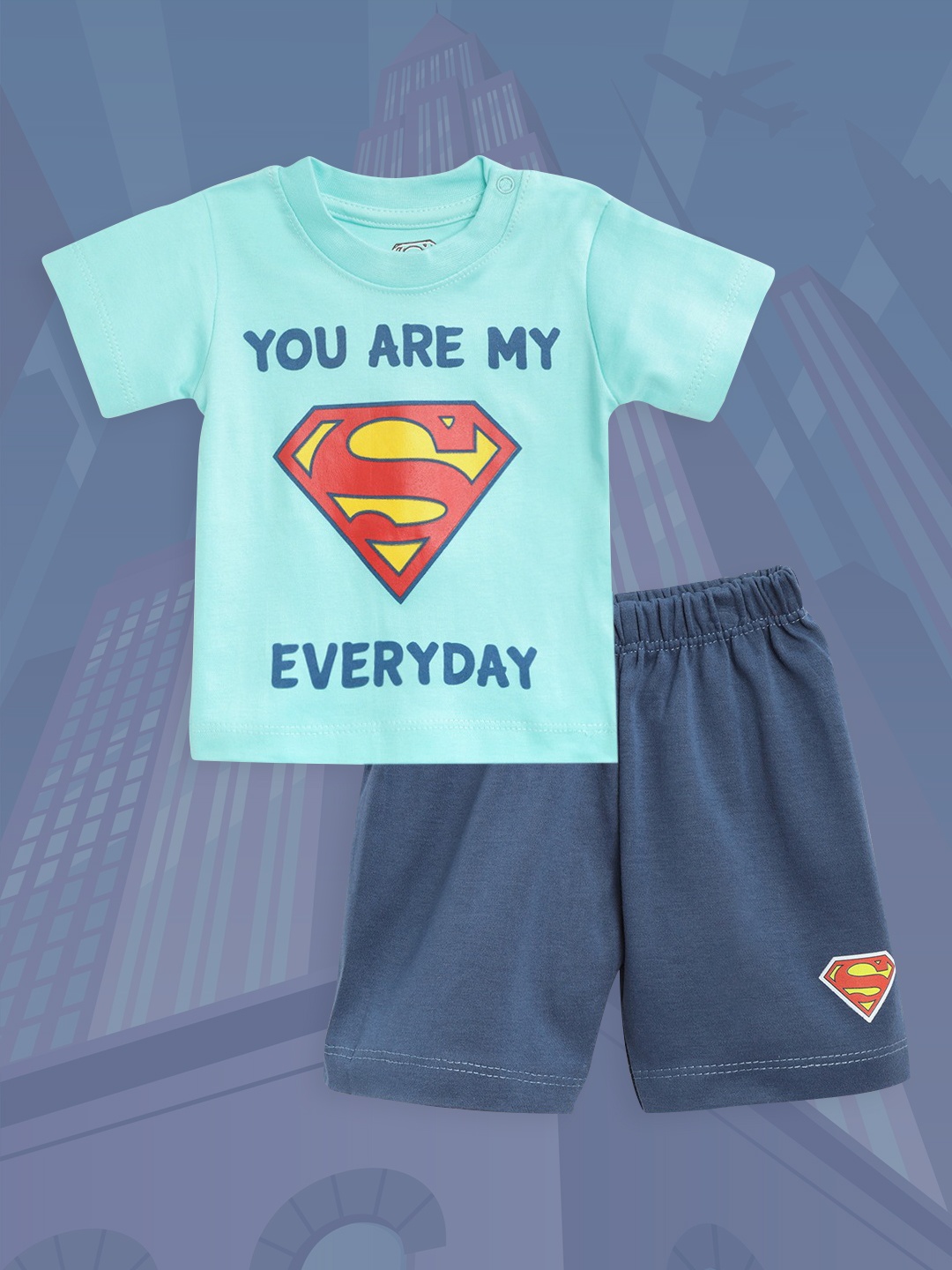 

TINYO Infant Boys Blue & Red Pure Cotton Superman Print T-shirt with Shorts