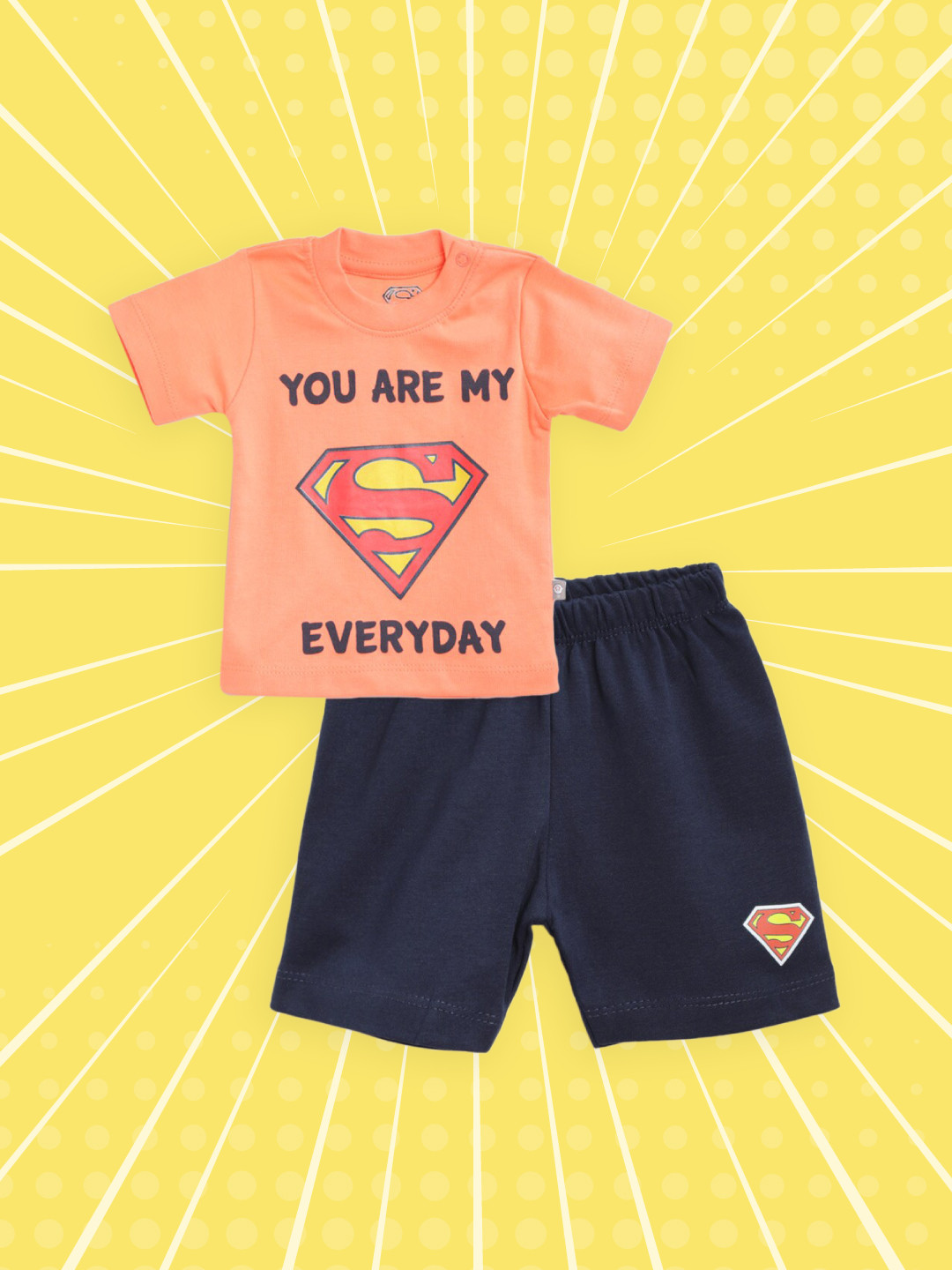 

TINYO Infant Boys Coral Orange & Navy Pure Cotton Superman Print T-shirt with Shorts